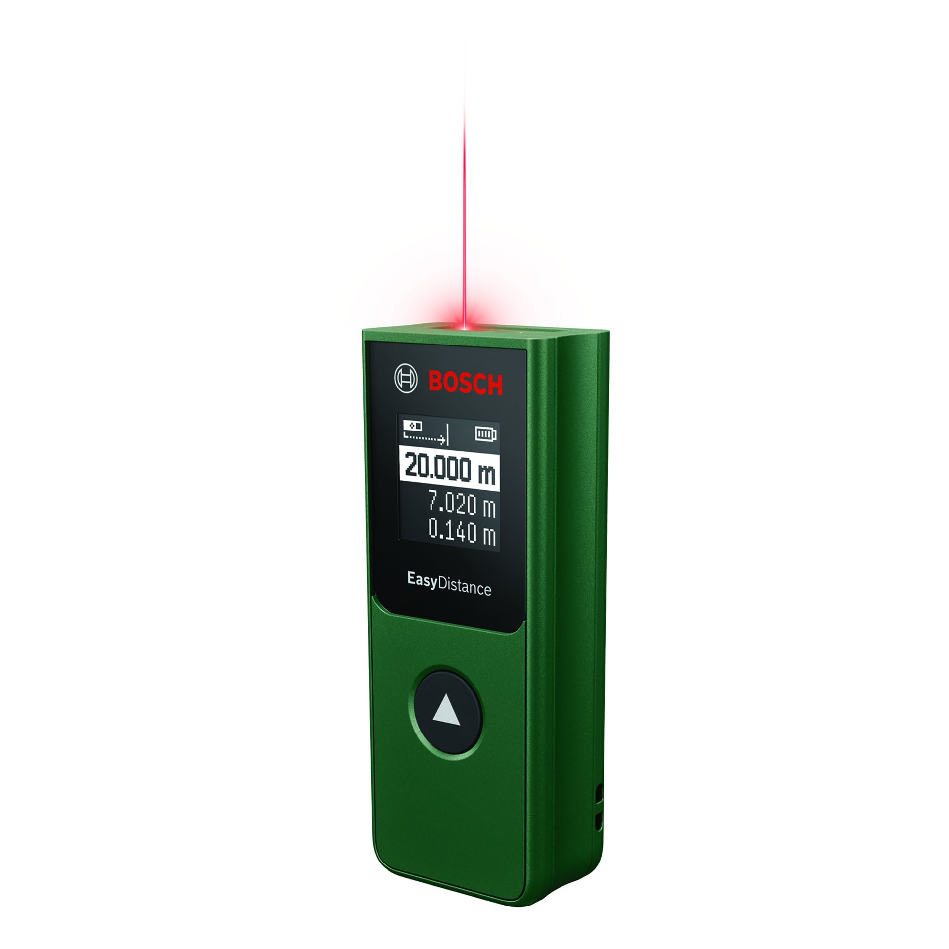 Miernik odległości Bosch EasyDistance 20 jest zielony z czarnym wyświetlaczem, który pokazuje pomiary na ekranie i emituje czerwoną wiązkę laserową z góry.