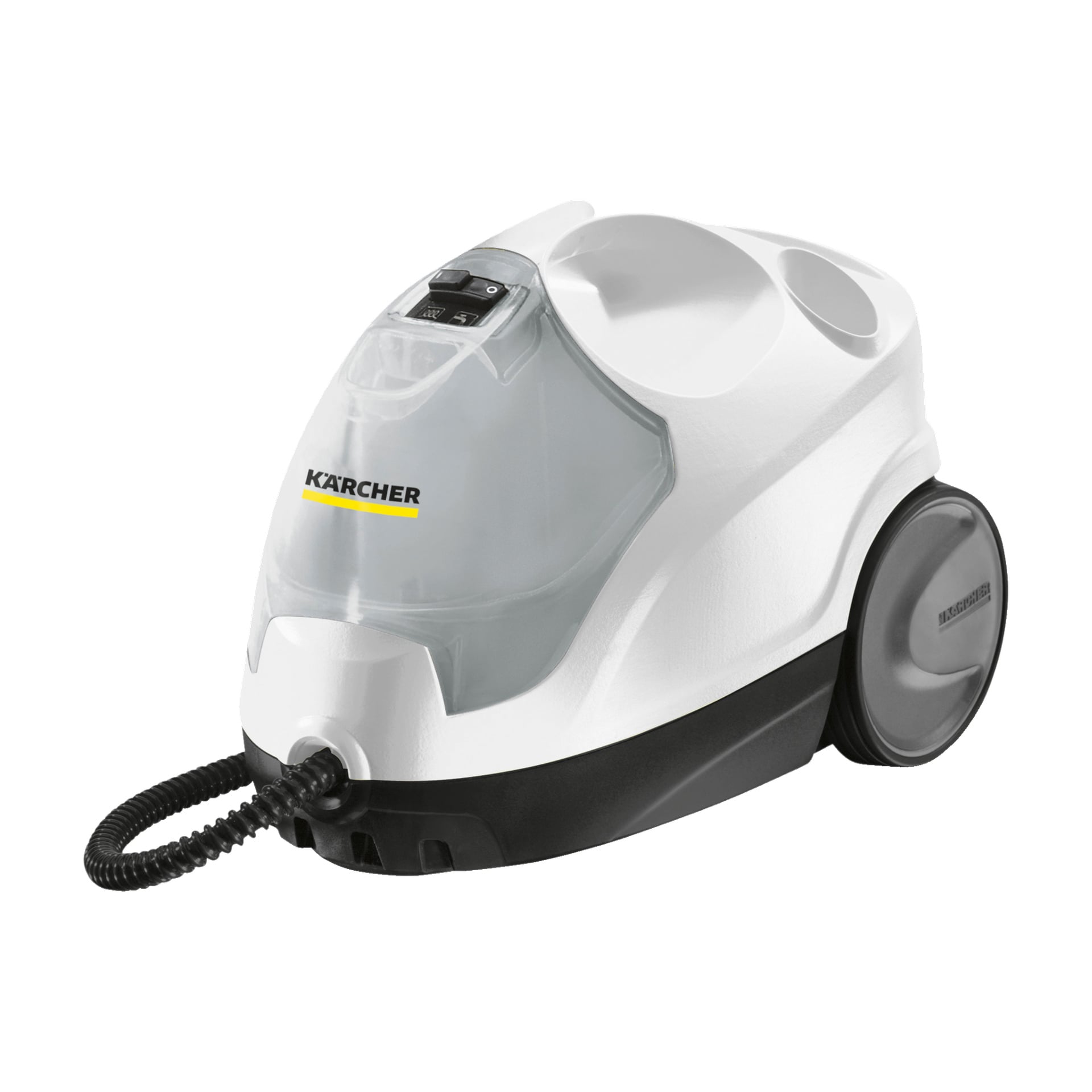 En vit Kärcher Steam Cleaner SC 4 EasyFix (9 delar) med en transparent vattentank, toppknappar, en spiralad framslang och två stora bakhjul.