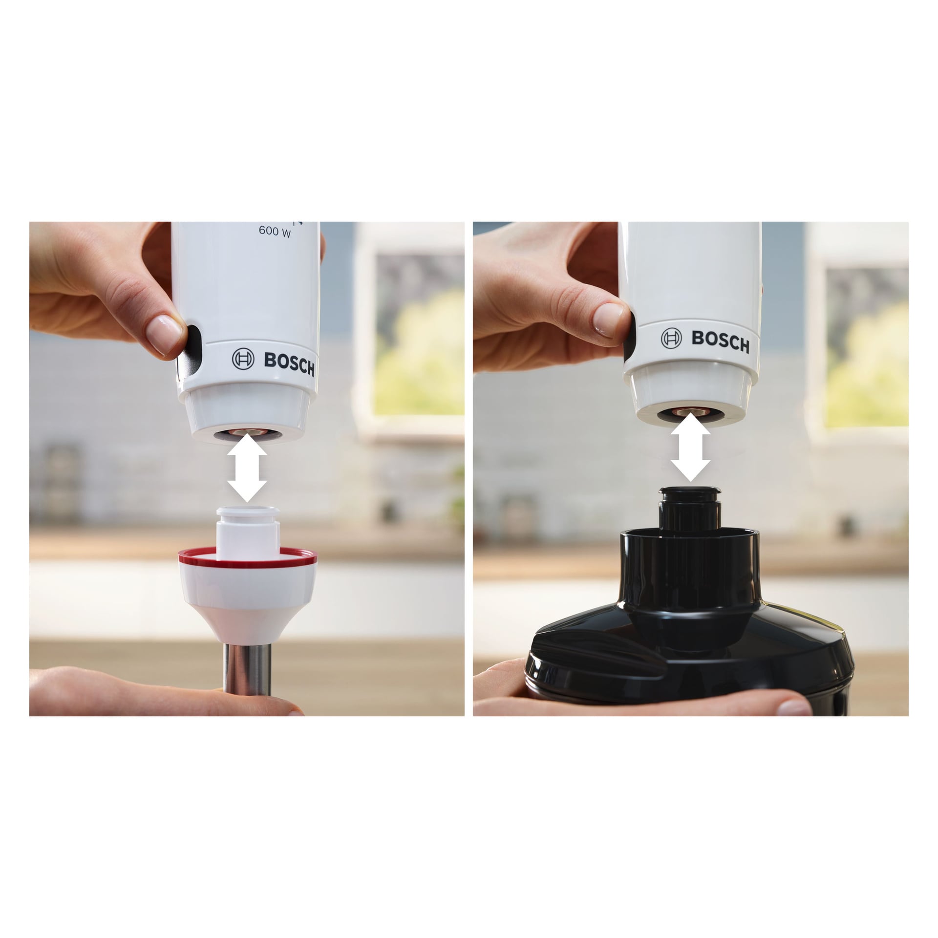 Die Hände befestigen den Bosch ErgoMaster MSM4W220 Handmixer an zwei getrennten Bösen; die linke Seite zeigt eine weiße Basis, die rechte eine schwarze. Weiße Pfeile zeigen an, wo der Hauptteil des Mixers an jede Basis angeschlossen werden soll.