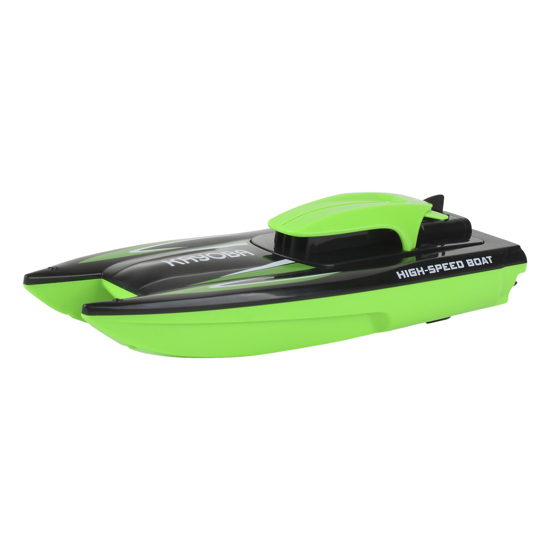 En liten, grön och svart Kayoba radiostyrd båt med "HIGH-SPEED BOAT" på toppen och sidan, med en strömlinjeformad tvåskrovsform.