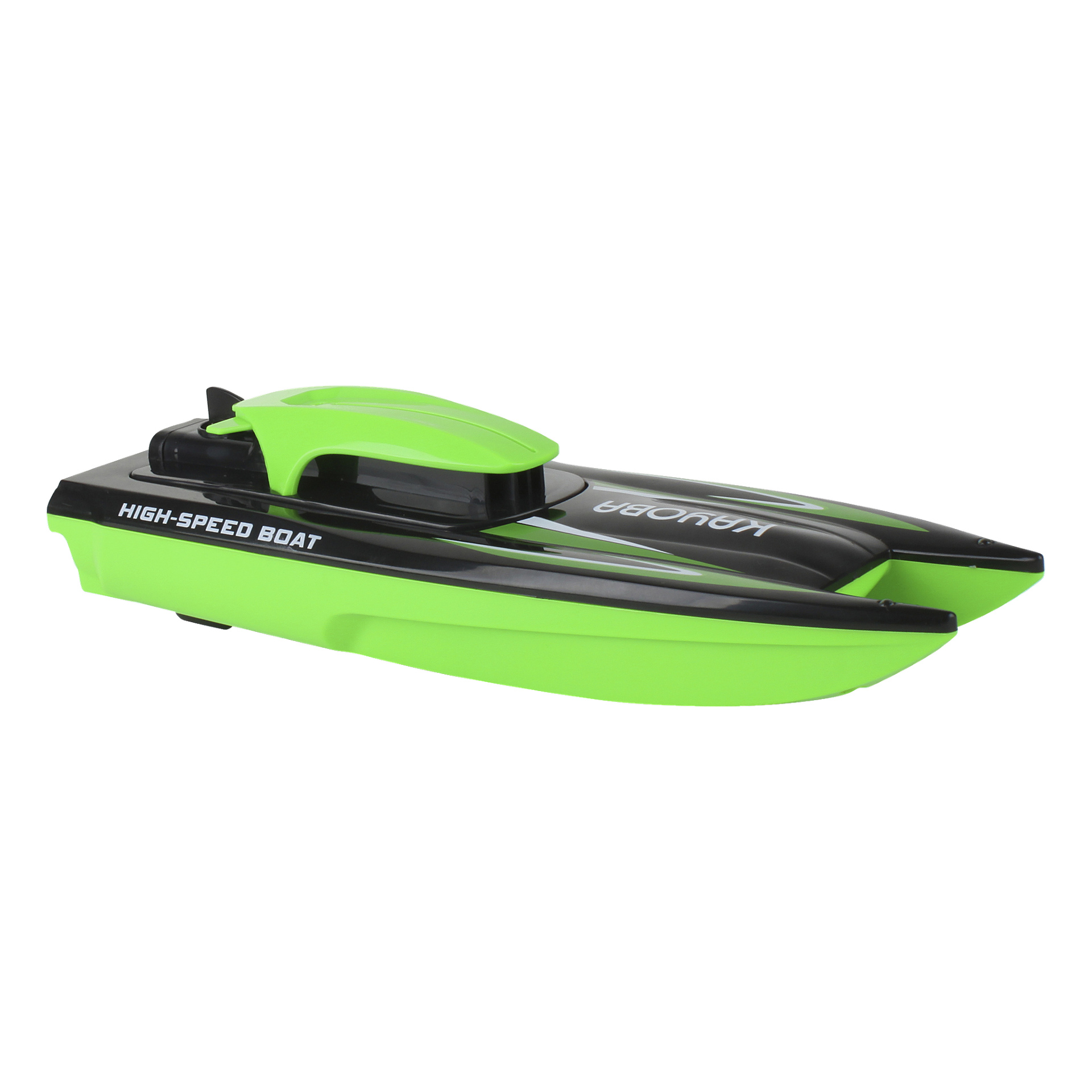En grön och svart Kayoba RC-båt med "HIGH-SPEED BOAT" på sidan, designad med en strömlinjeformad kaross, spetsig nos och upphöjd cockpit.