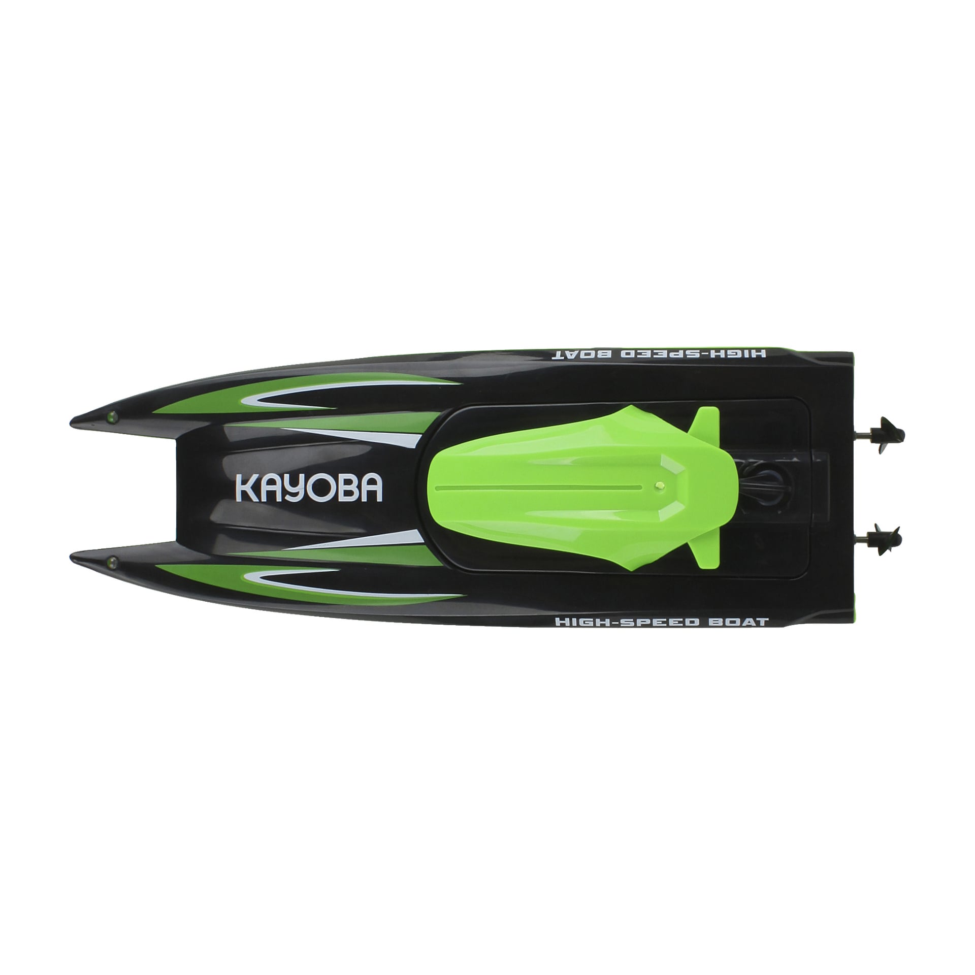 En svart och grön Kayoba radiostyrd båt sedd ovanifrån, med "KAYOBA" och "HIGH-SPEED BOAT" tryckta på kroppen. Propellern och rodret kan ses bak.