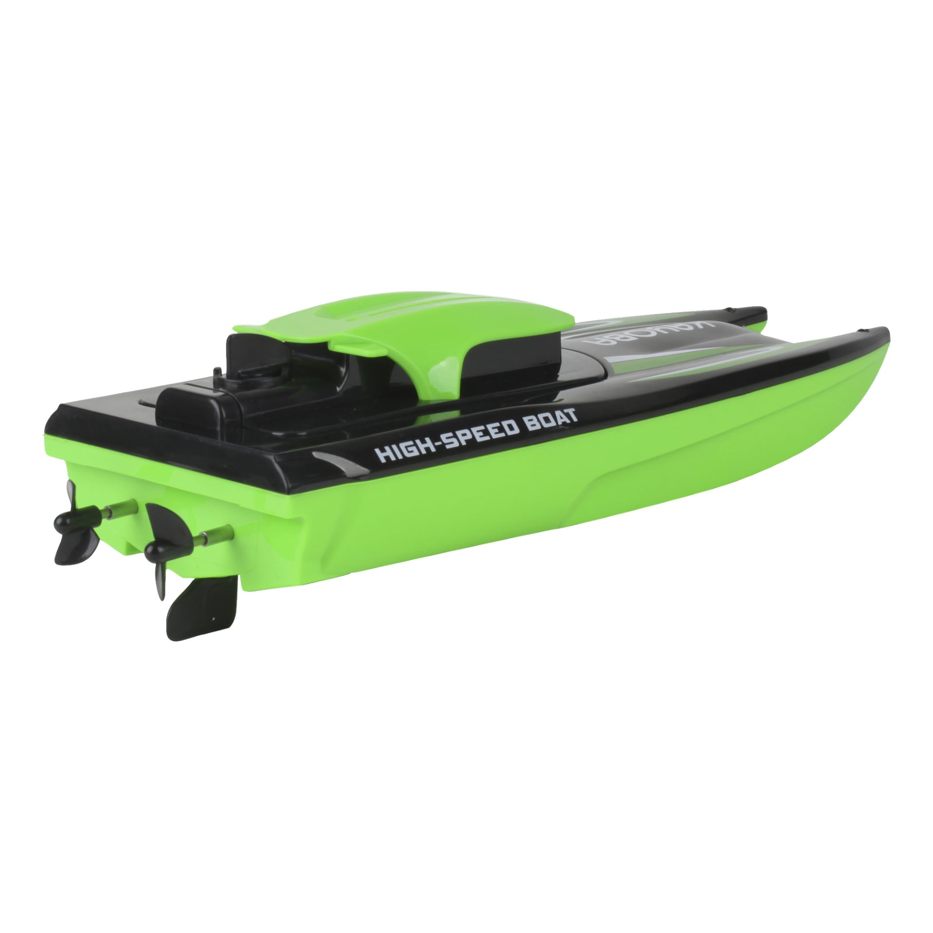 En grön och svart Kayoba radiostyrd båt med två propellrar bak har ett strömlinjeformat och sportigt utseende. Dess sida visar texten HIGH-SPEED BOAT.