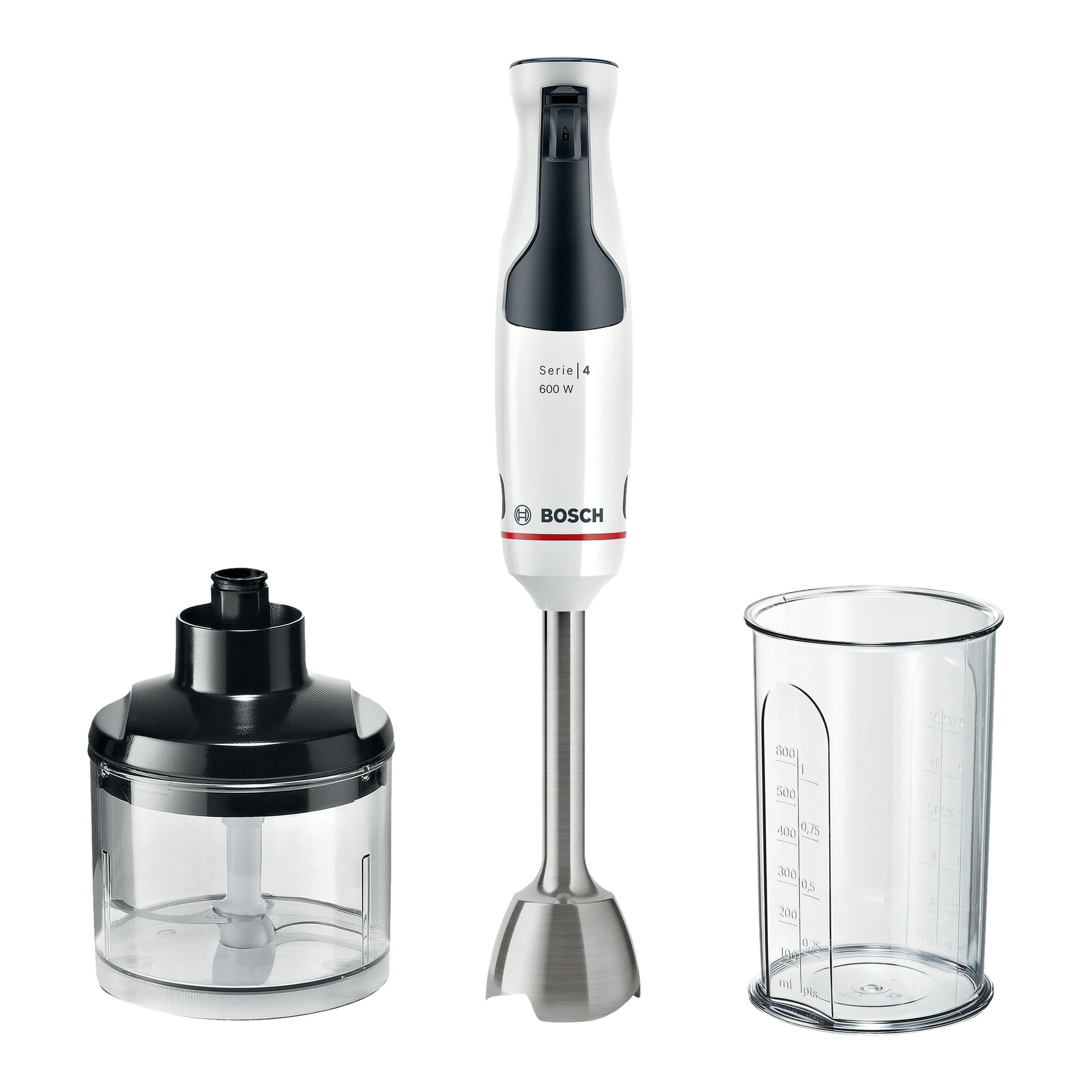 Das Bosch Home ErgoMaster MSM4W220 Handmixer-Set enthält einen abnehmbaren Mixerstab, eine durchsichtige Chopperschüssel mit schwarzem Deckel und einen transparenten Messbecher mit Messmarkierungen. Die Bauteile sind nebeneinander aufgerichtet.