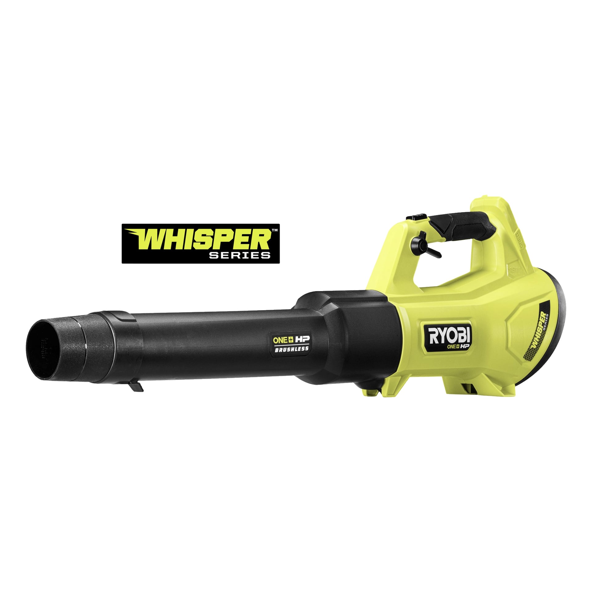 Ryobi One+ HP RY18BLXD-0 batteridrivna lövblås visas från sidan, med en klargul kaross med svarta detaljer. Whisper Series-logotypen är placerad uppe till vänster.