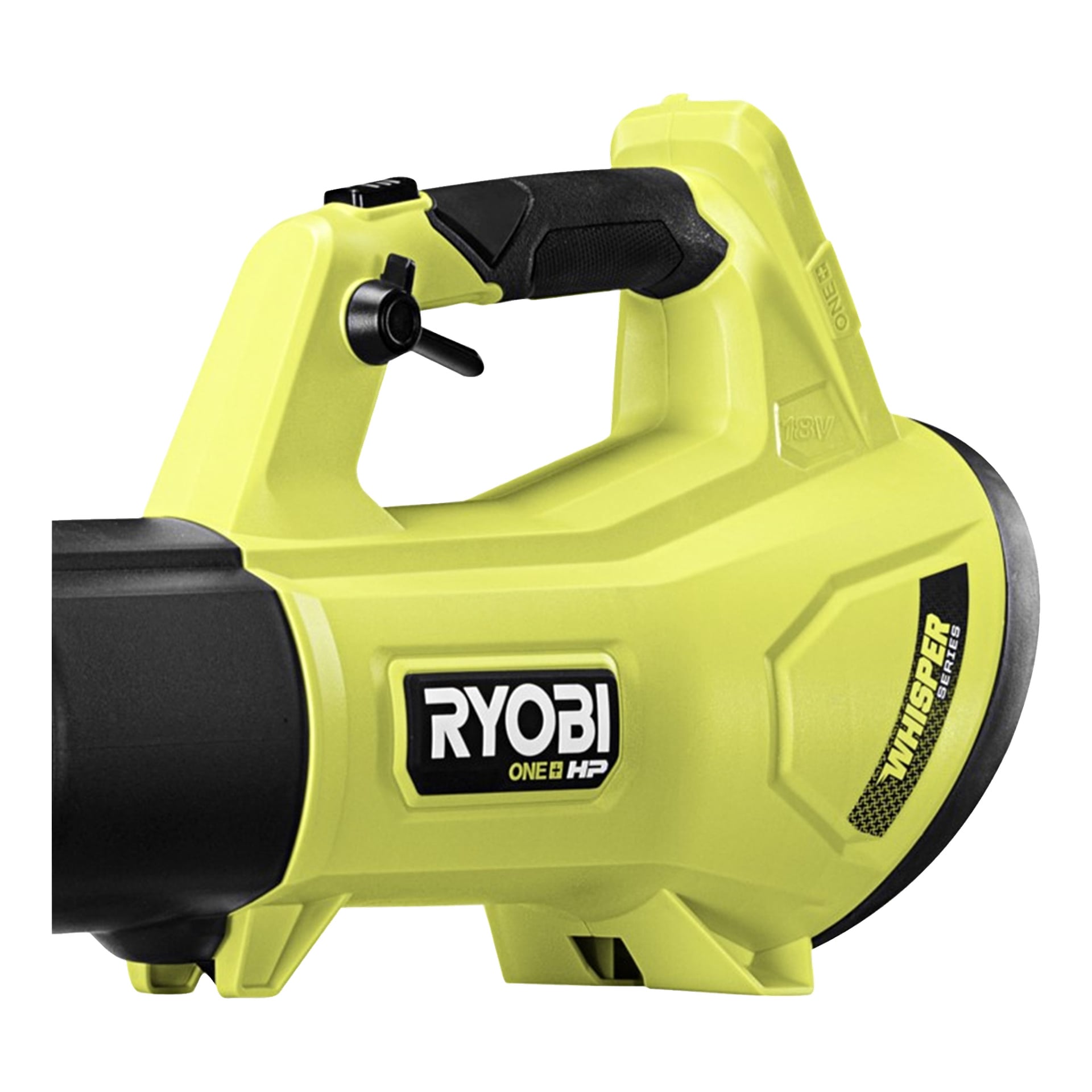 Närbild på Ryobi One+ HP batteridrivna lövblåsare RY18BLXD-0 i livfullt gult och svart, med fokus på dess handtag, avtryckare, den feta Ryobi-logotypen och en delvis vy av "Whisper Series"-märkningen på dess kropp.