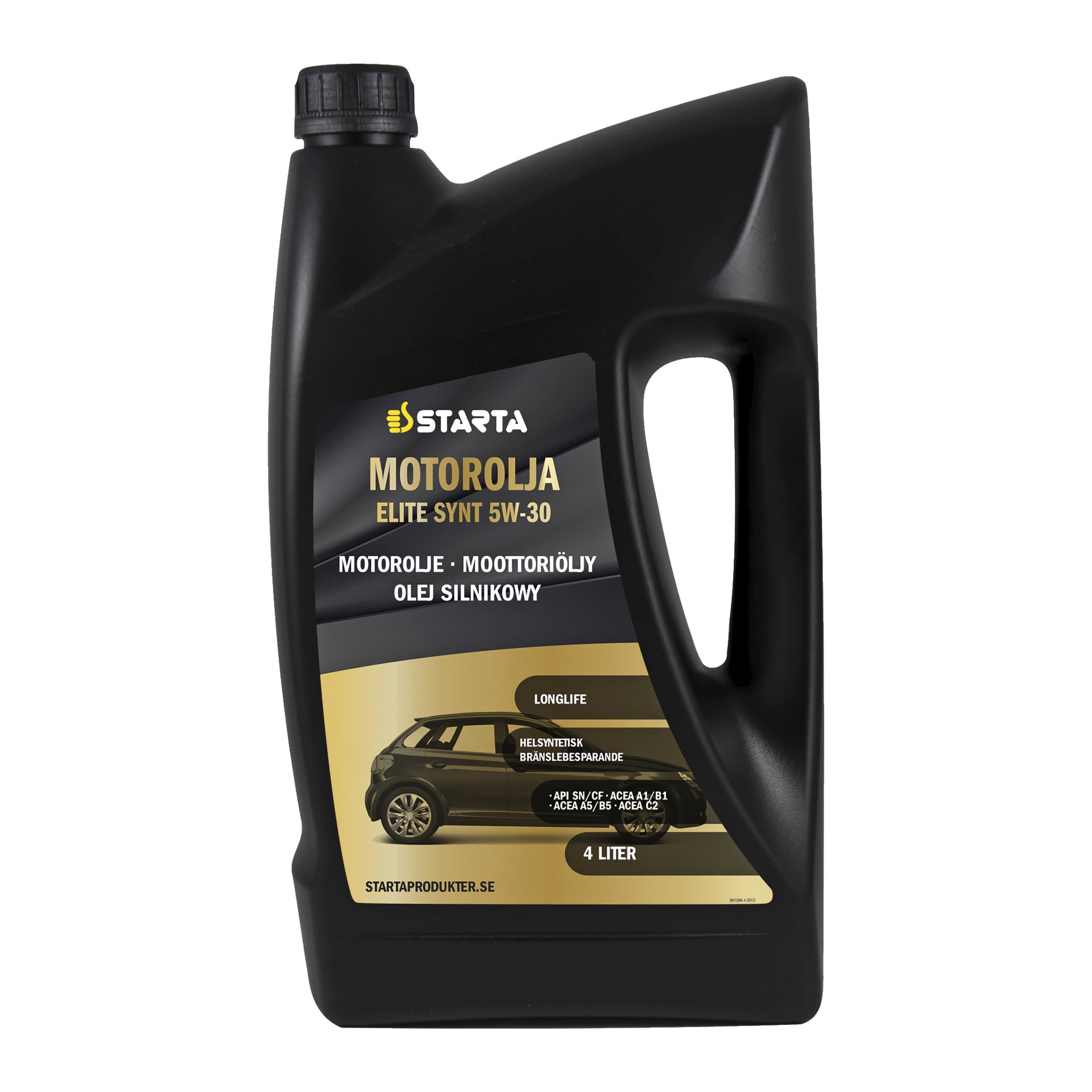 En 4-liters svart plastbehållare med Starta Engine Oil Elite Synt, med en guld- och vit 5W-30-etikett, en bilgrafik och produktdetaljer.