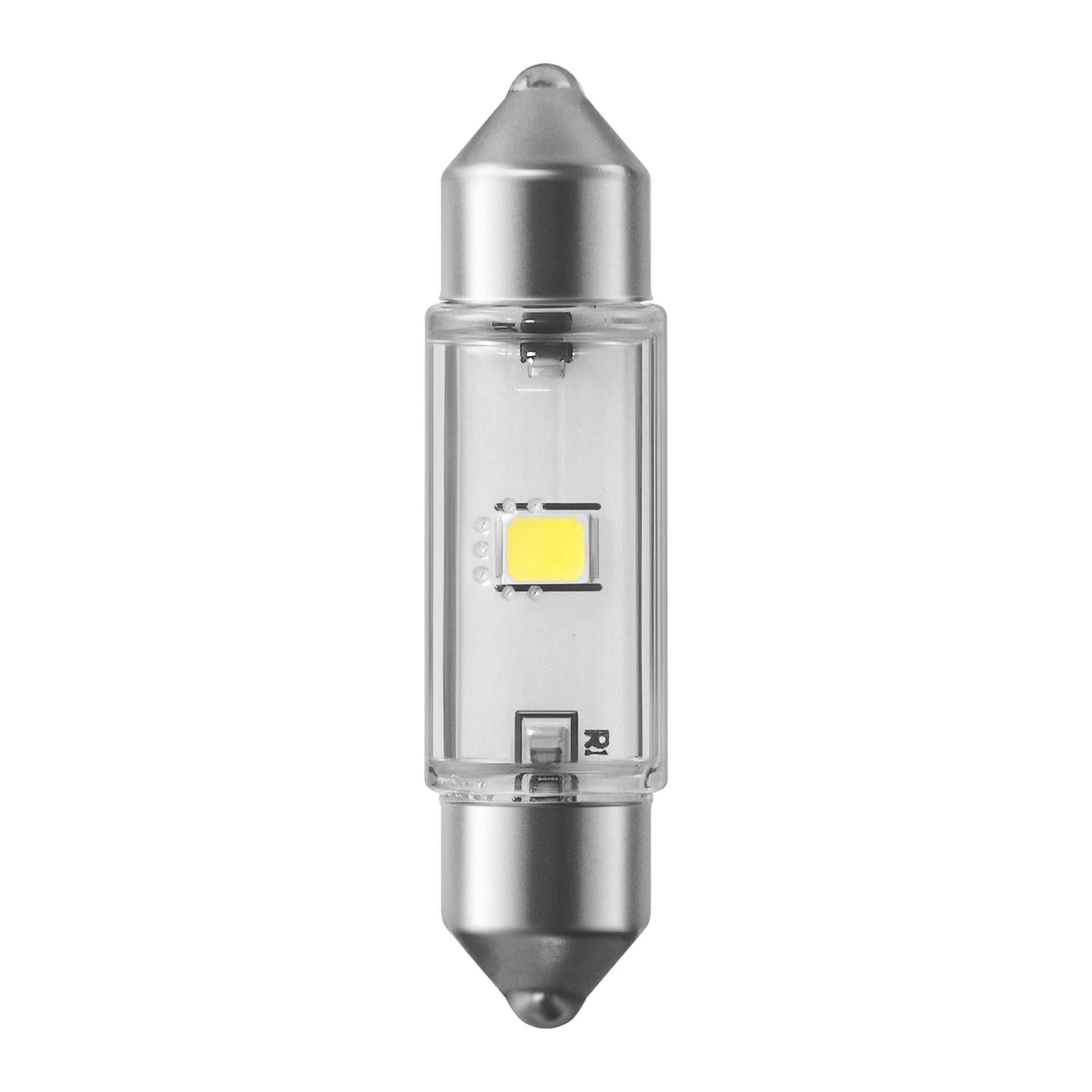En närbild av Philips Signal-lampan Ultinon Pro3100 visar dess cylindriska LED-struktur med metalländar och ett genomskinligt hölje som blottar det gula LED-chippet och de små elektroniska delarna inuti.