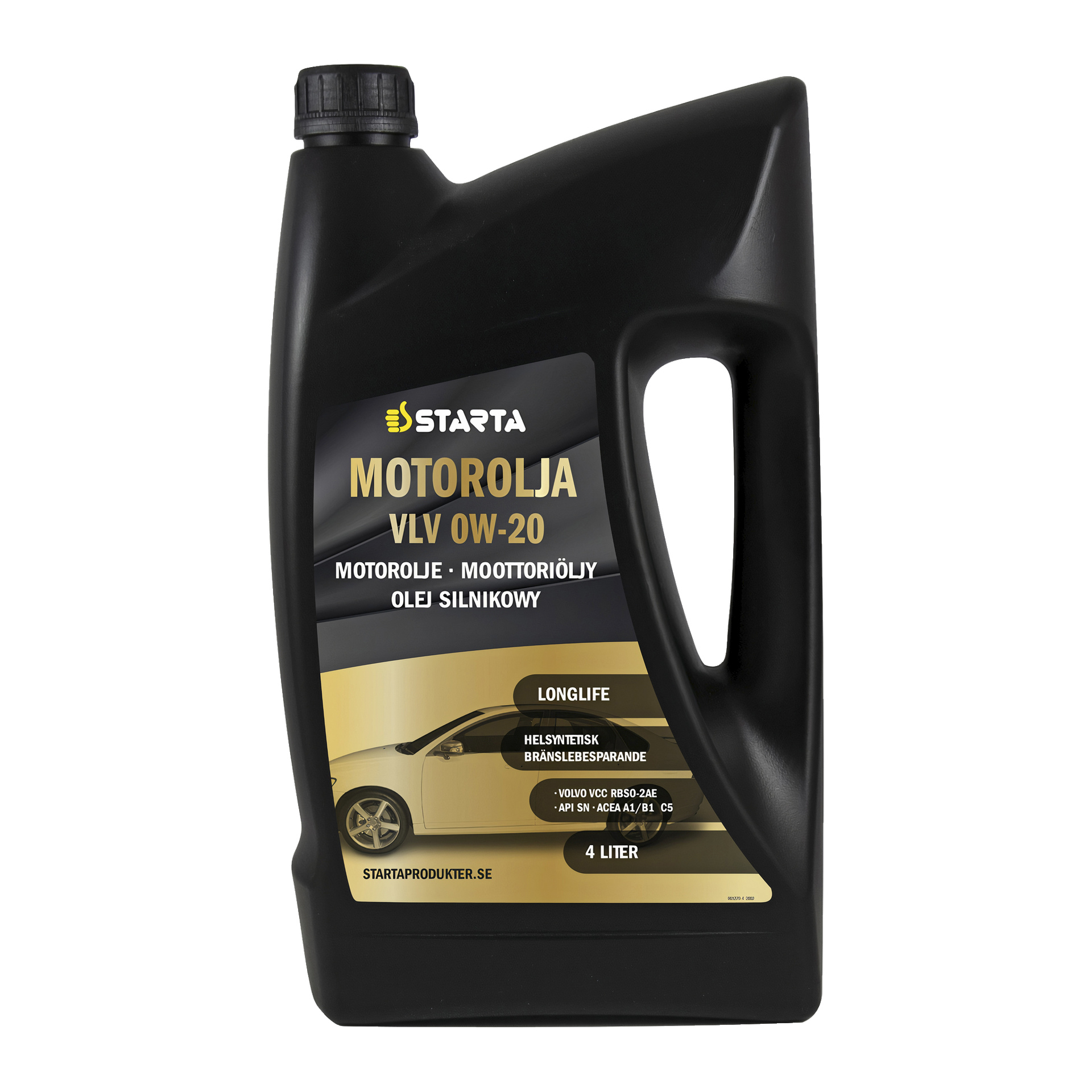 En 4-liters svart plastbeholder med Starta-motorolje VLV 0W-20 med en gull- og svart etikett som viste produktinformasjon og en bilgrafikk.