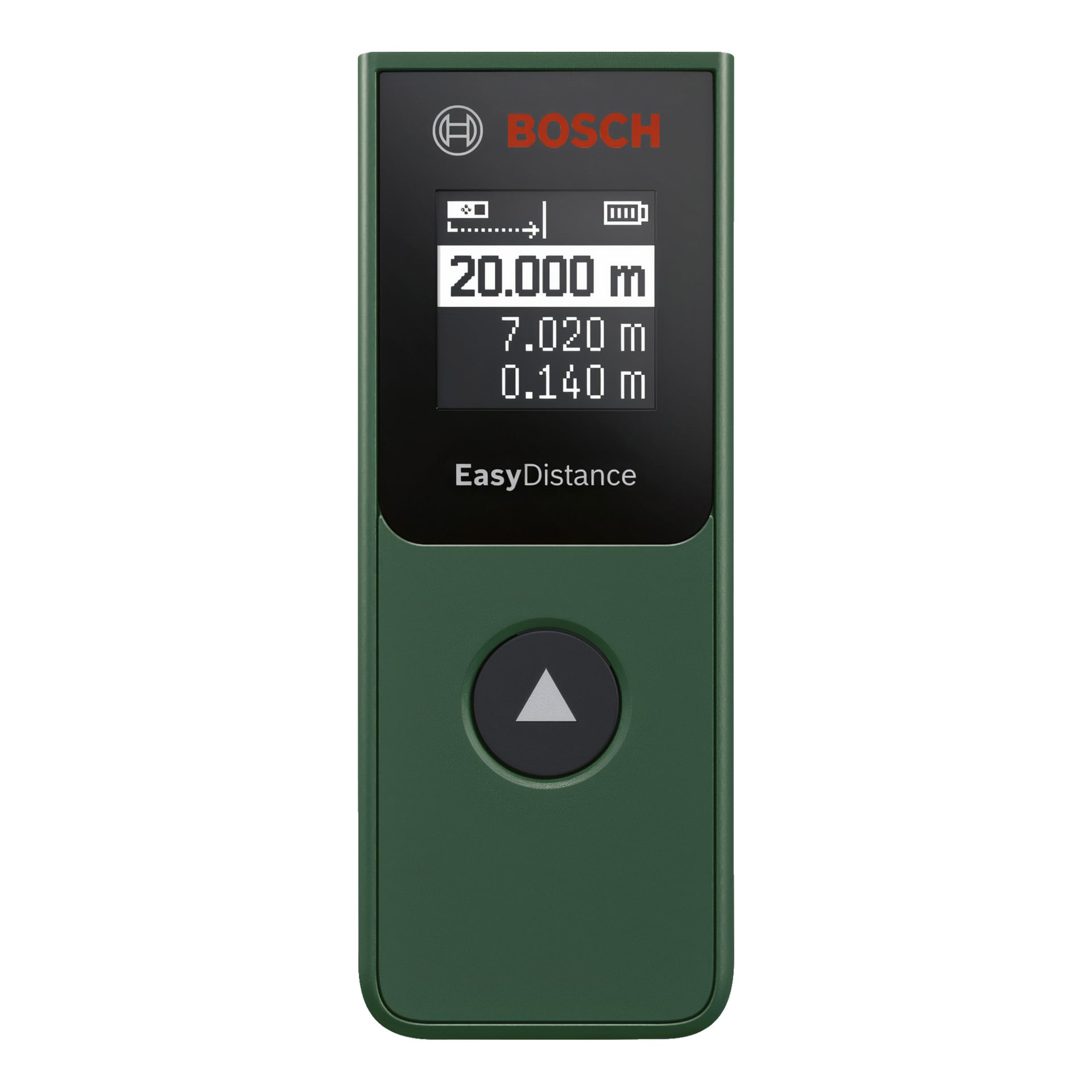 Miernik odległości Bosch EasyDistance 20 pokazuje na wyświetlaczu 20 000 m, 7,020 m i 0,140 m. Jest zielony z dużym szarym przyciskiem strzałki.