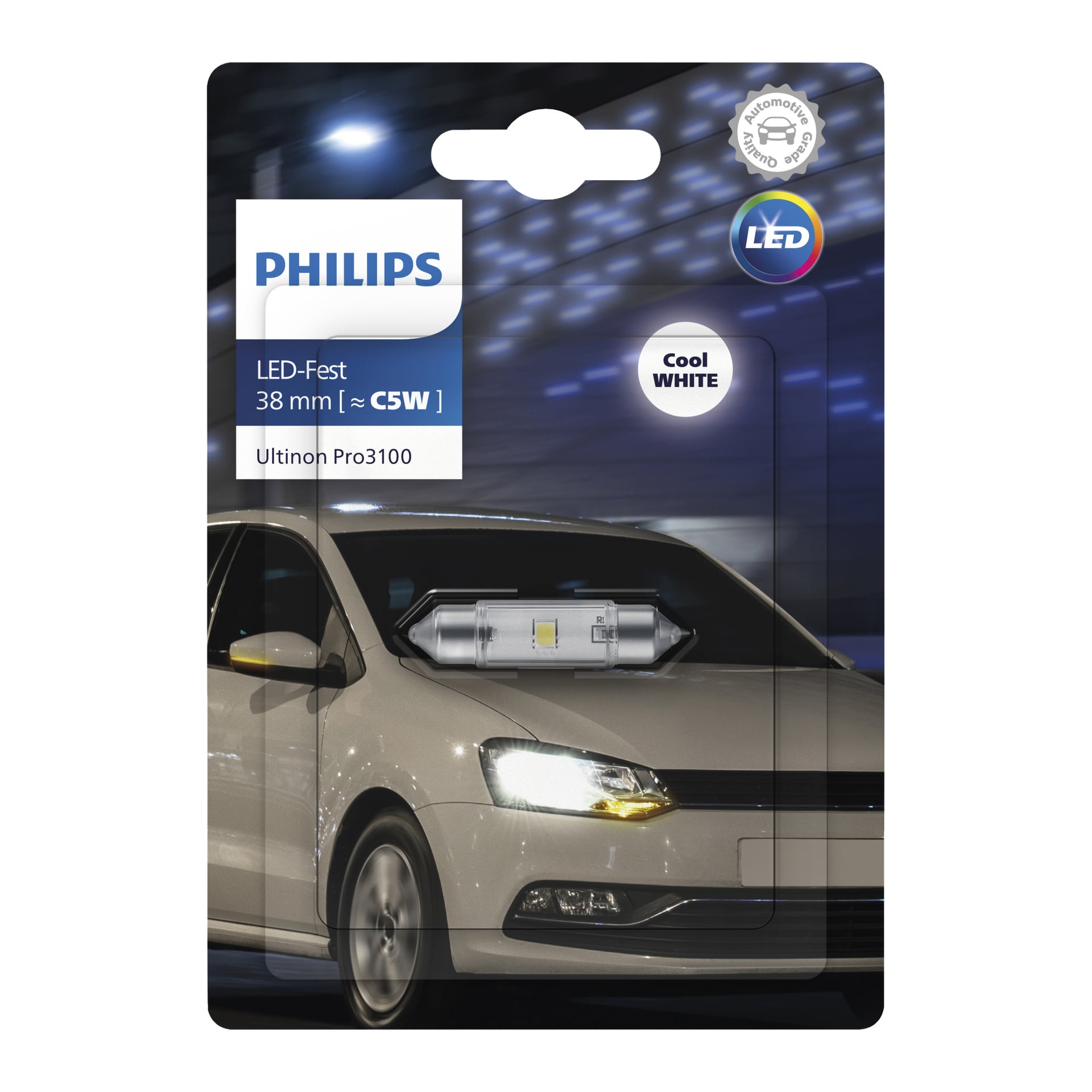 Philips Signal-lampans Ultinon Pro3100-förpackning visar en vit bil som kör på natten, visar lampan och betonar produktdetaljer som 38 mm, C5W, kallt vitt ljus och tydlig LED-märkning.