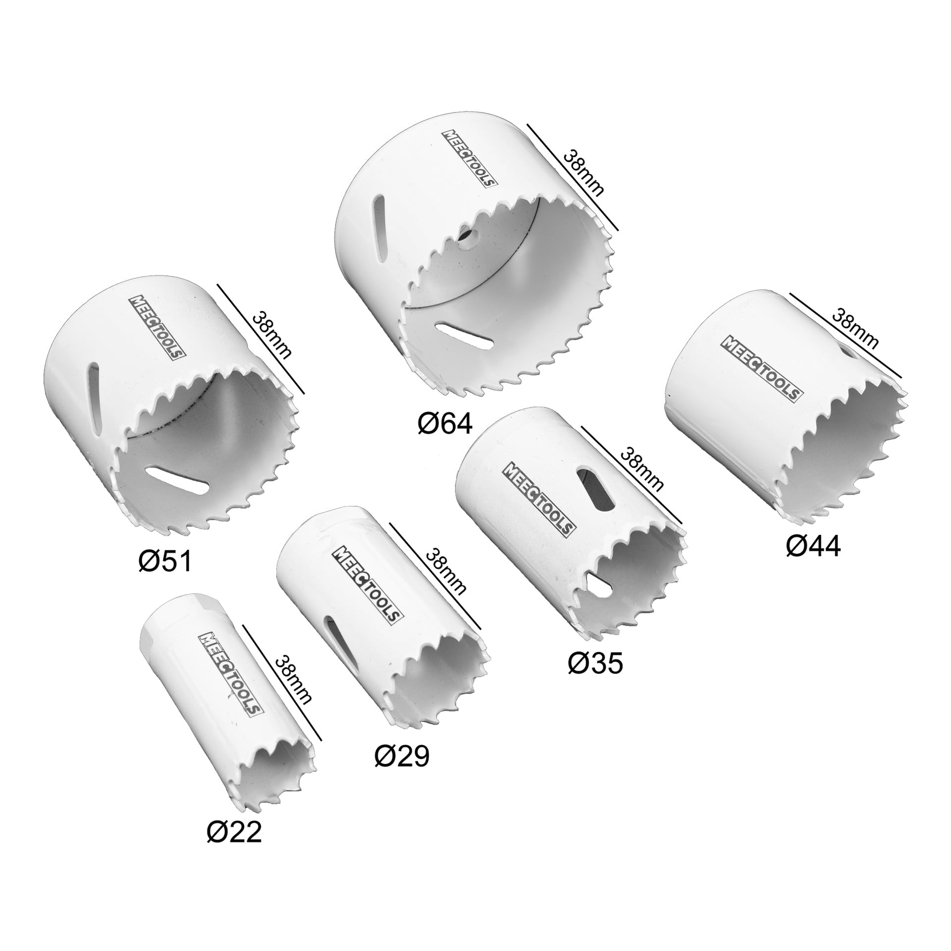 Ett set med nio vita metallhålsågar i olika storlekar visas, var och en märkt med sin respektive diameter i millimeter: 64 mm, 51 mm, 44 mm, 35 mm, 29 mm och 22 mm. Varje såg har vassa tänder och är märkt med Meec Tools-loggan. Det här är Meec Tools Hole Saw Kit med nio delar.