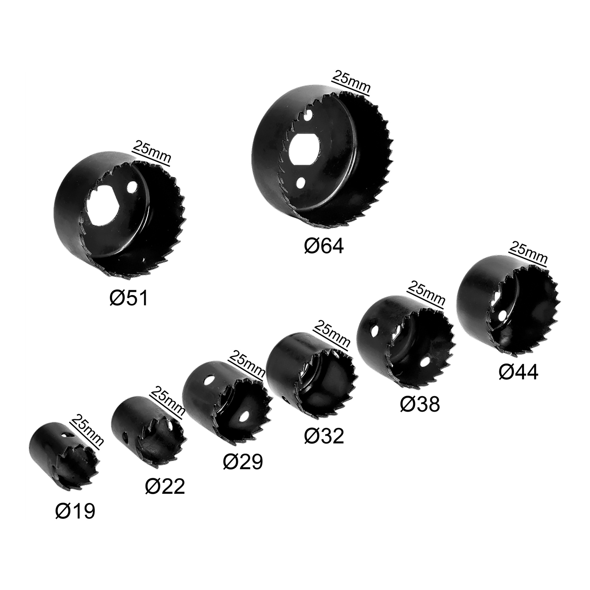 Åtta svartcylindriska hålsågblad från Meec Tools, som består av 17 delar stora verktyg, är organiserade efter ökande storlek. Varje blad visar sin diameter i millimeter – 19, 22, 29, 32, 38, 44, 51 och 64 – och visar även en "25 mm"-markering nära den övre kanten.