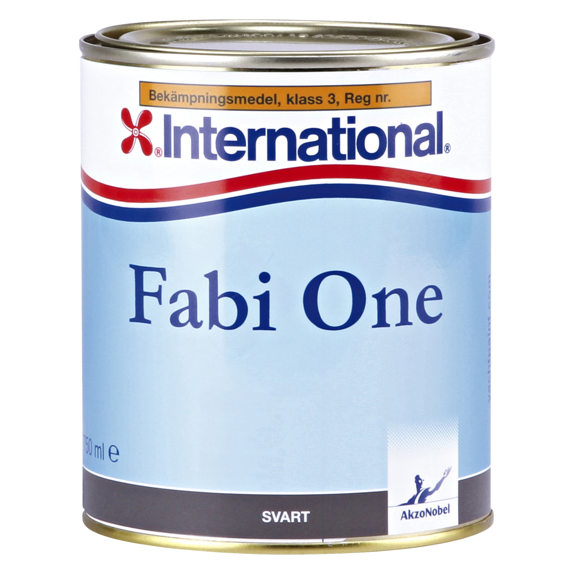 En burk International Fabi One antifoulingfärg med blått och vitt mönster, röd och blå text och AkzoNobel-logotypen i hörnet. Etiketten anger en kapacitet på 750 ml och "SVART" längst ner.