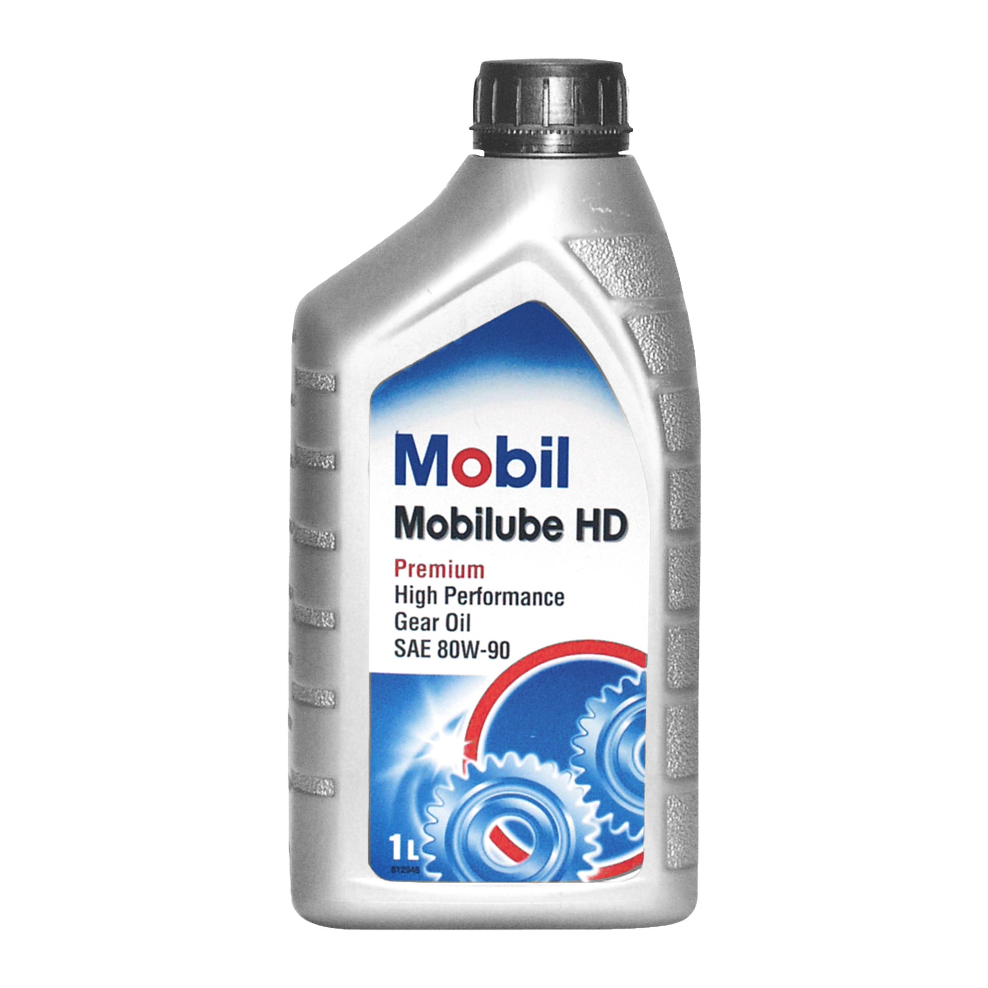 En 1-liters Mobilube HD giroljeflaske fra Mobil med svart skrukork og en etikett som viste blå og rød tannhjulsgrafikk.