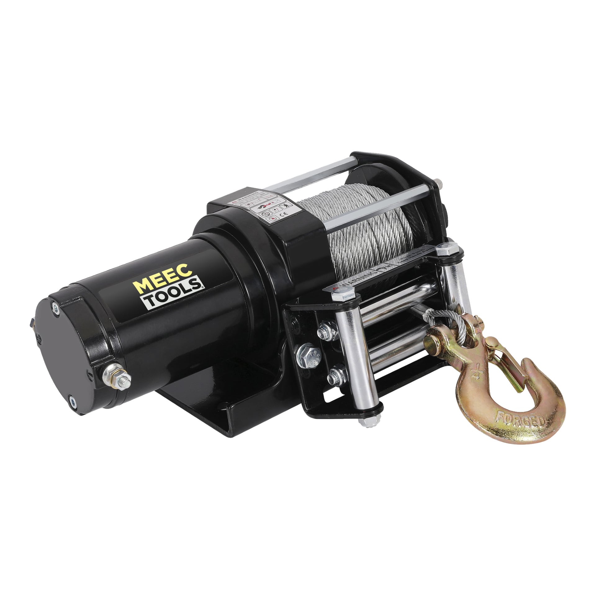 En svart Meec Tools Power-vinsch med en metallkabel lindad runt trumman, utrustad med en guldsmidd krok och en rull-fairlead.