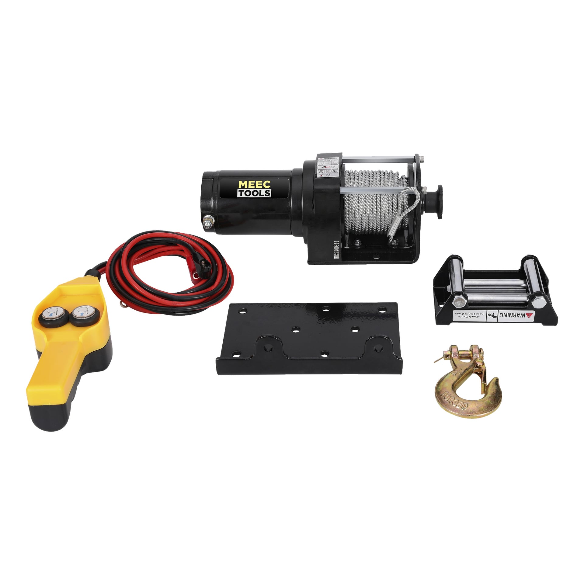Meec Tools elvinsch med svart exteriör, stålkabel, gul fjärrkontroll ansluten med ledning, monteringsplatta, rulllina, robust metallkrok samt röda och svarta strömkablar.