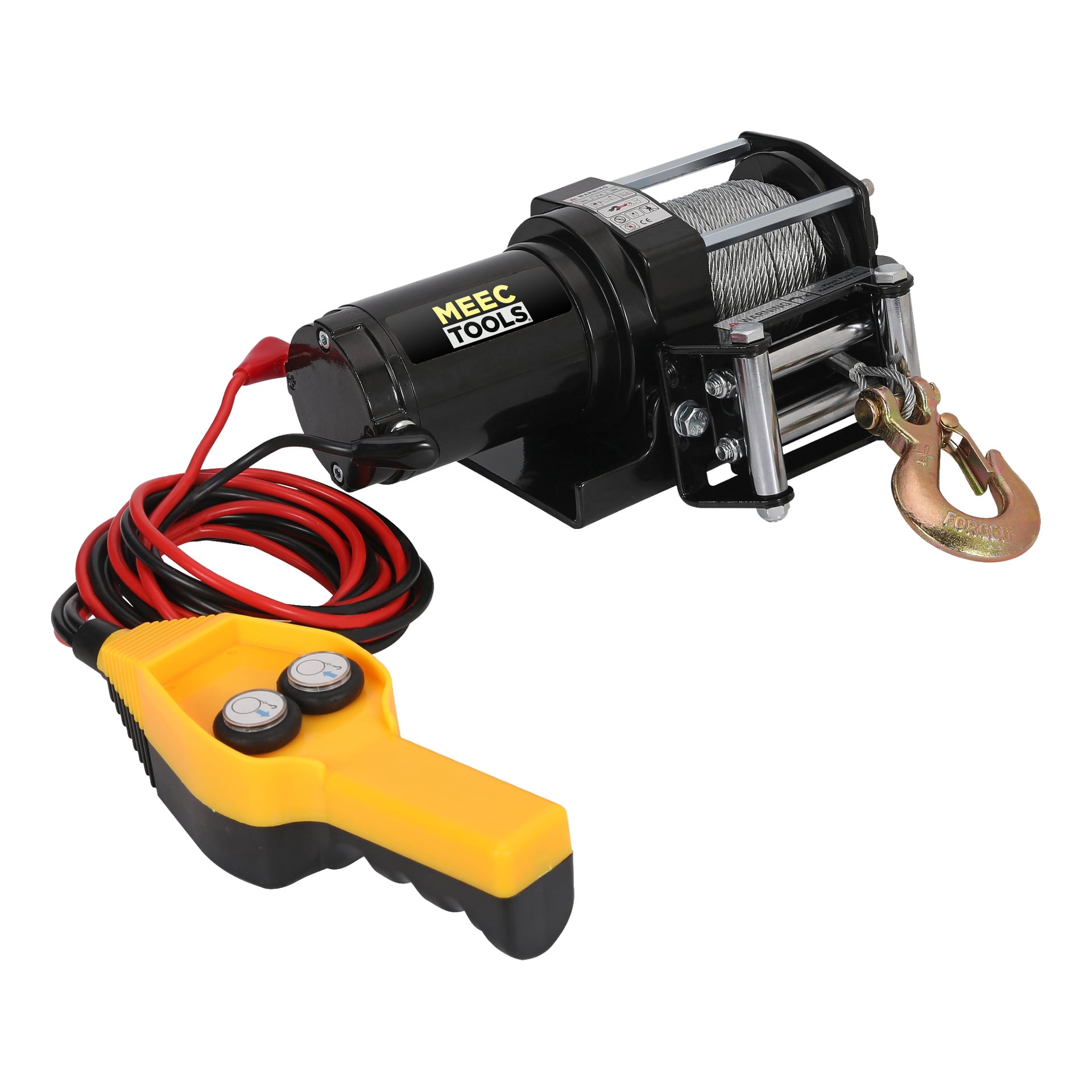 En Meec Tools elvinsch utrustad med stålkabel, metallkrok och en svart motor med märkesetiketten. Utrustningen levereras med en gul trådbunden fjärrkontroll med två knappar, samt synliga röda och svarta kablar.
