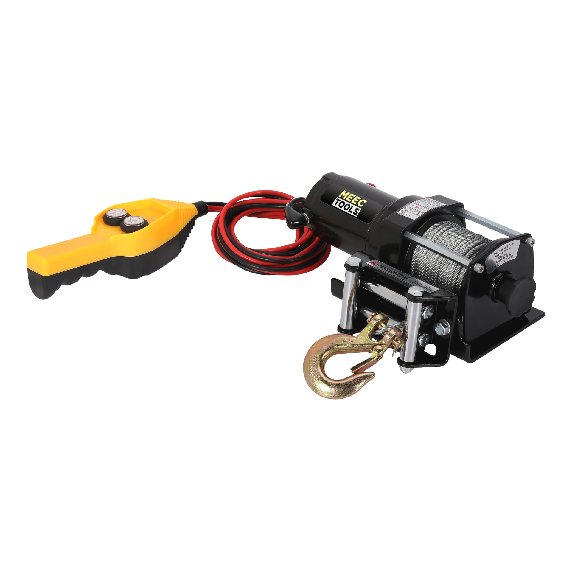 Bilden visar en Meec Tools elvinsch utrustad med en stålkabel, en stadig metallkrok och ett svart motorhölje. Till enheten sitter en gul trådbunden fjärrkontroll med två knappar.