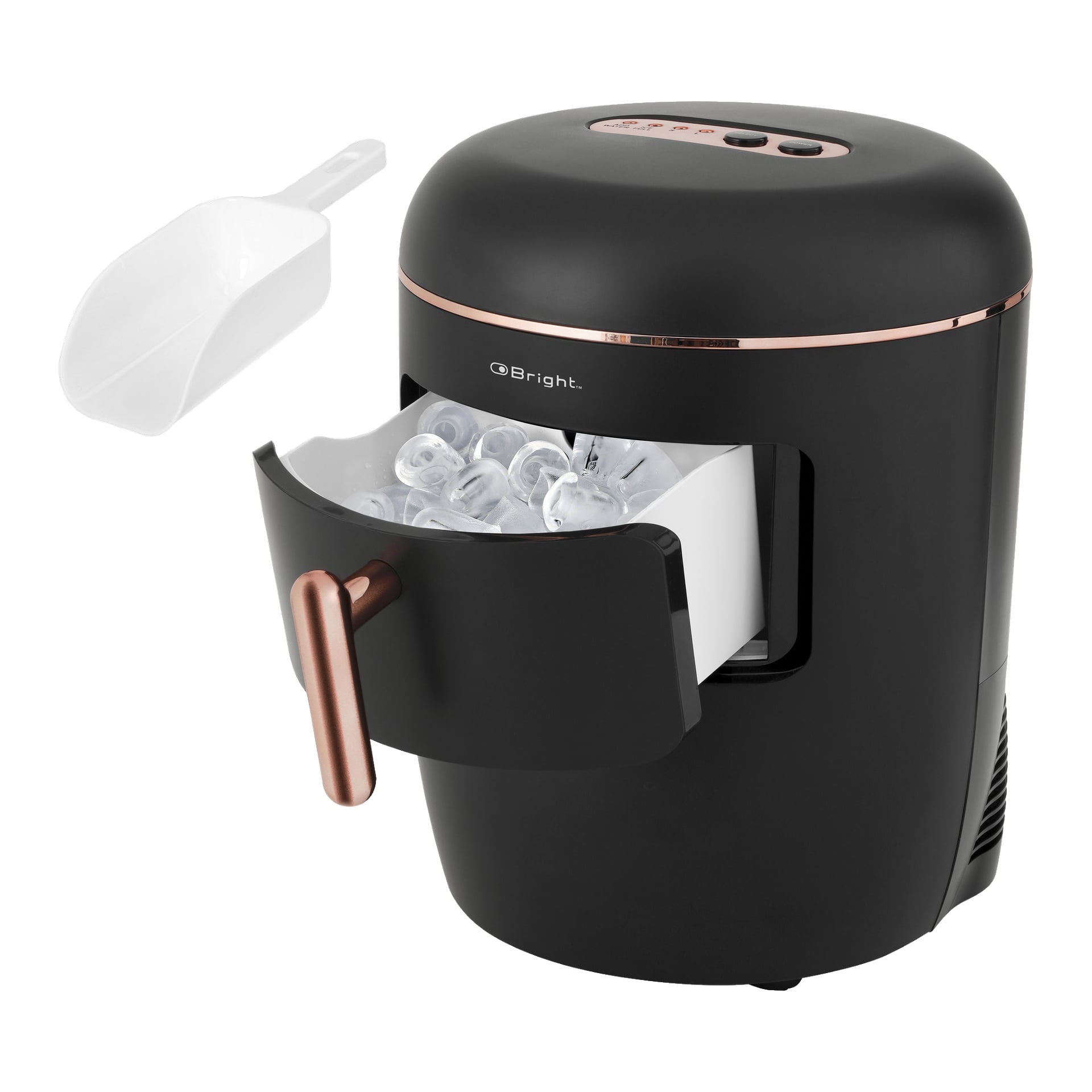 En svart och kopparfärgad Bright Ice Machine har sin låda öppen och visar runda isbitar inuti. En vit plastskopa vilar bredvid maskinen, och kontrollknapparna syns på topppanelen.