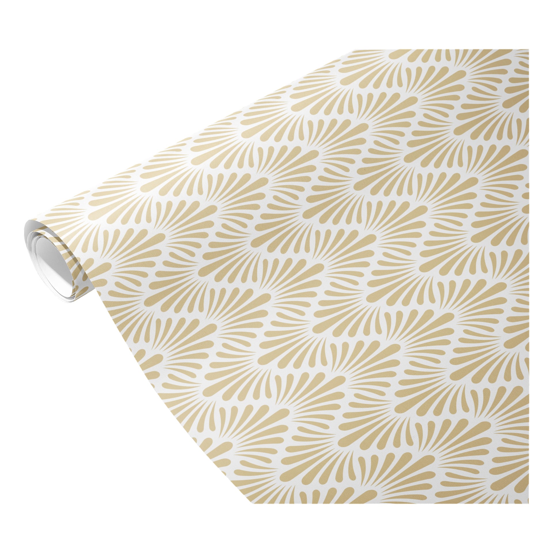 En delvis utrullad rulle Menuett-presentpapper visar ett upprepande beige solfjäderformat mönster, med bra belysning som framhäver texturen och de fina detaljerna i designen.