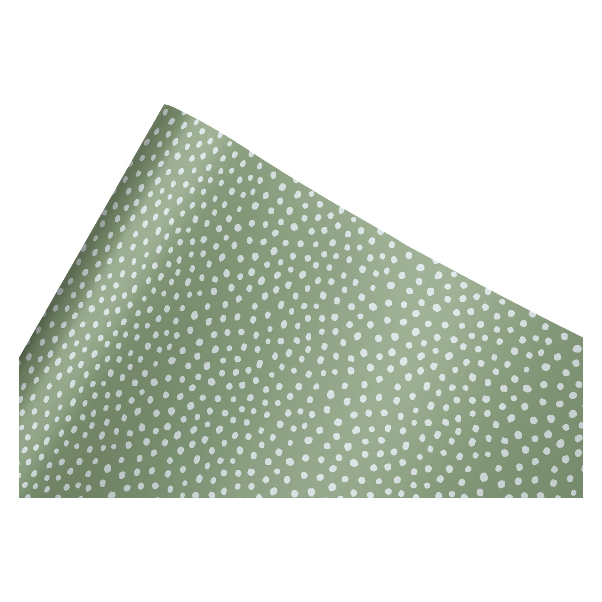 Ett grönt ark från Menuett Present Wrapping visar ett regelbundet mönster av vita prickar, med det övre vänstra hörnet lätt böjt.