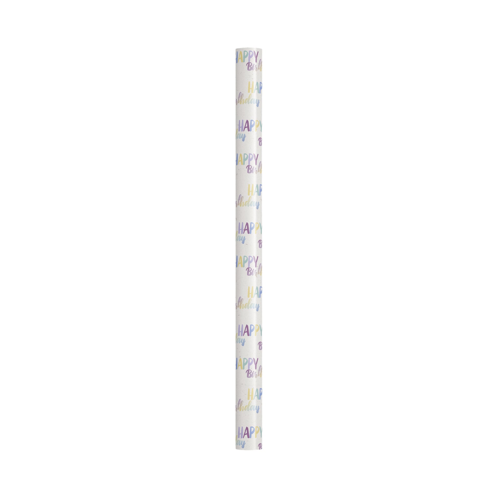 En rulle Menuett-presentpapper av vitt papper, dekorerad med frasen "Ja må du leva" upprepad i pastellgult, blått, lila och grönt med en blandning av kursiv stil och blockbokstäver.