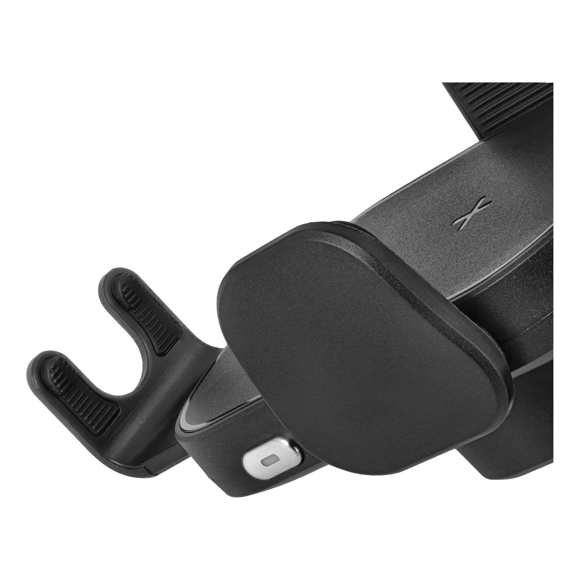 En närbild på Anslut Wireless Car Charger visar dess svarta plastfinish, en texturerad stödarm med en utlösarknapp och gummifodrade krokar som är byggda för att hålla enheten säkra.