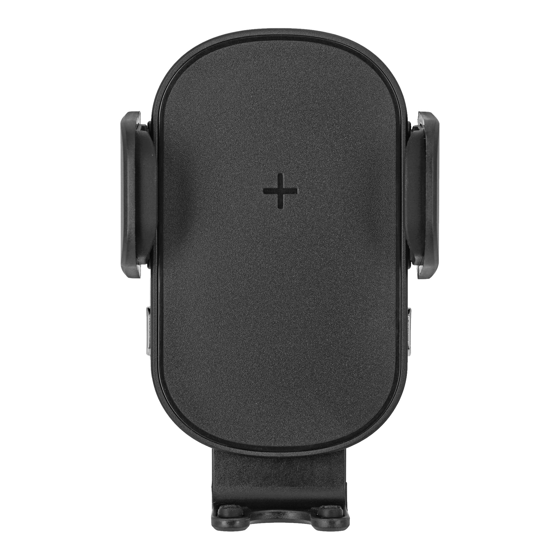 En framifrån vy av Anslut Wireless billaddare, en svart enhet med justerbara sidogrepp och en framträdande plusskylt på framsidan.