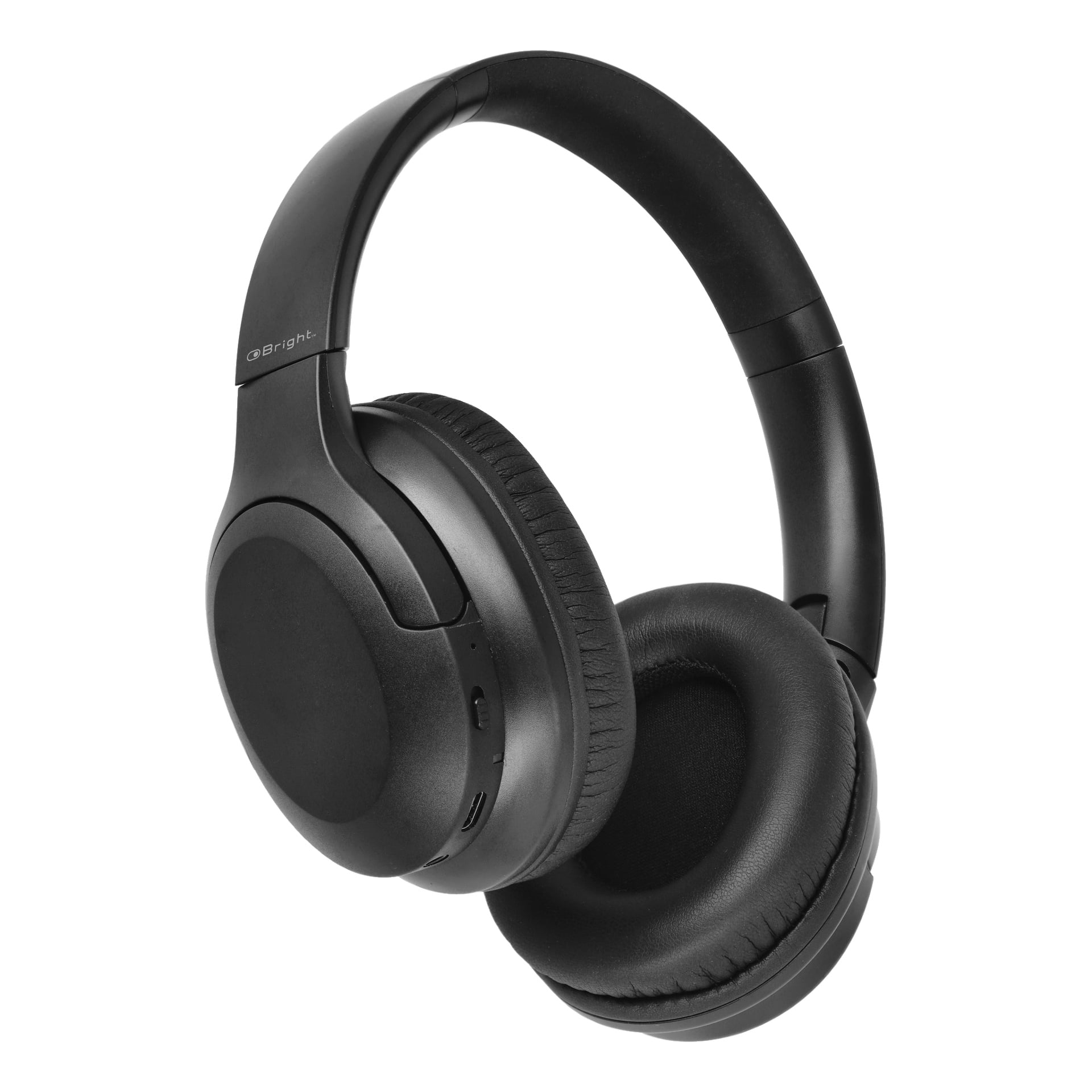 Bright Wireless Over-Ear-hörlurar i svart med dämpade öronkåpor och pannband för ökad komfort, inbyggda kontroller på vänster öronkåpa och ett modernt, minimalistiskt utseende.