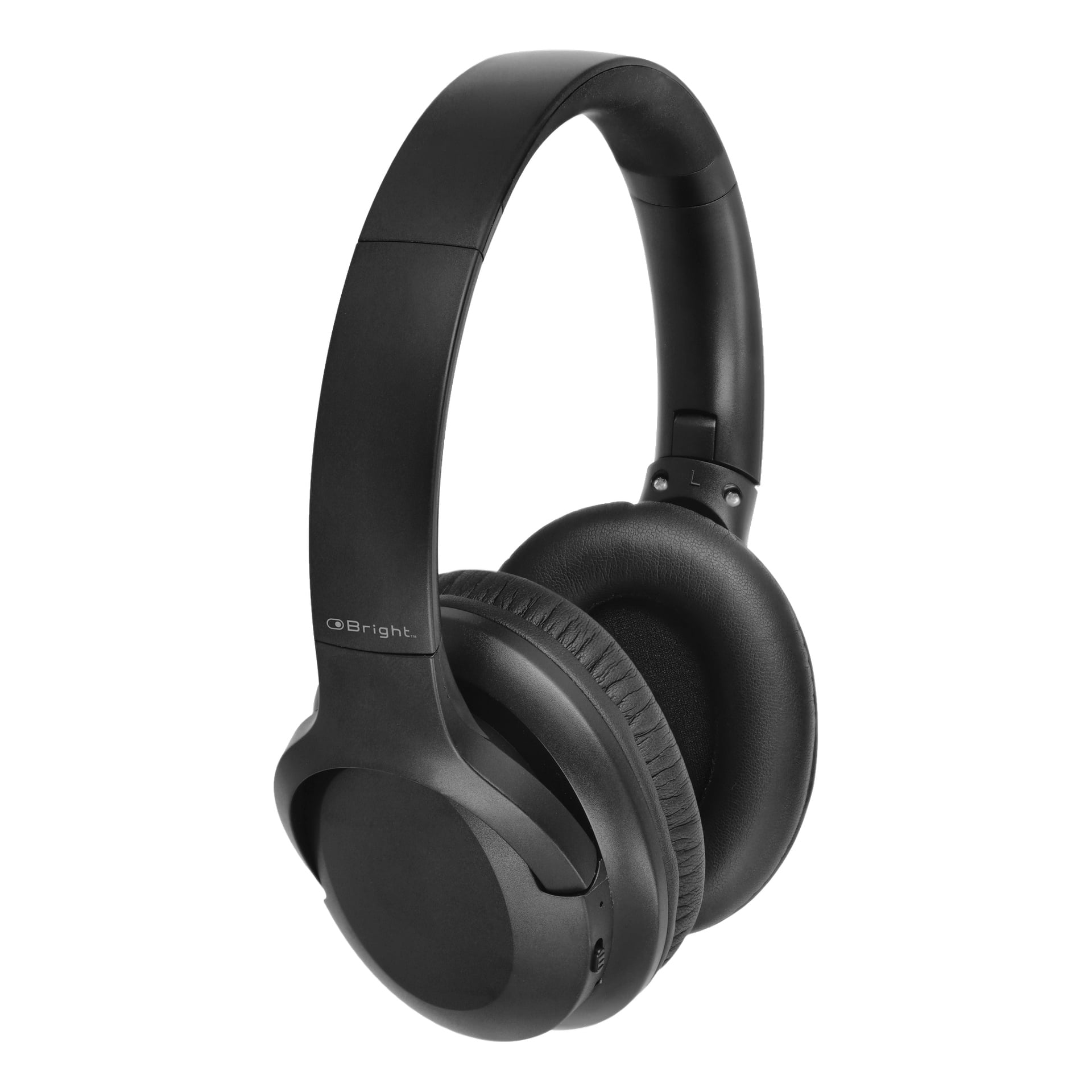 Svarta Bright trådlösa over-ear hörlurar med mjuka dämpade öronkuddar, justerbart pannband, matt yta och Bright-loggan visad på ena sidan.