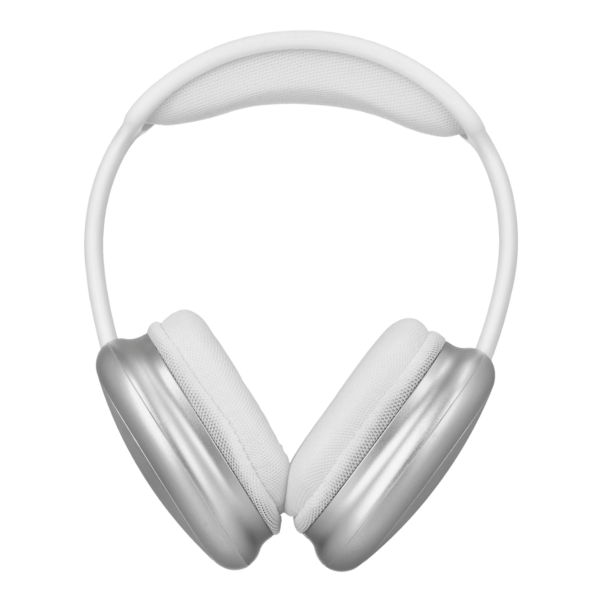 Ett par Bright Wireless over-ear-hörlurar med silverfärgade öronkåpor och vit meshvaddering står upprätt. Designen inkluderar ett vadderat pannband för extra komfort.