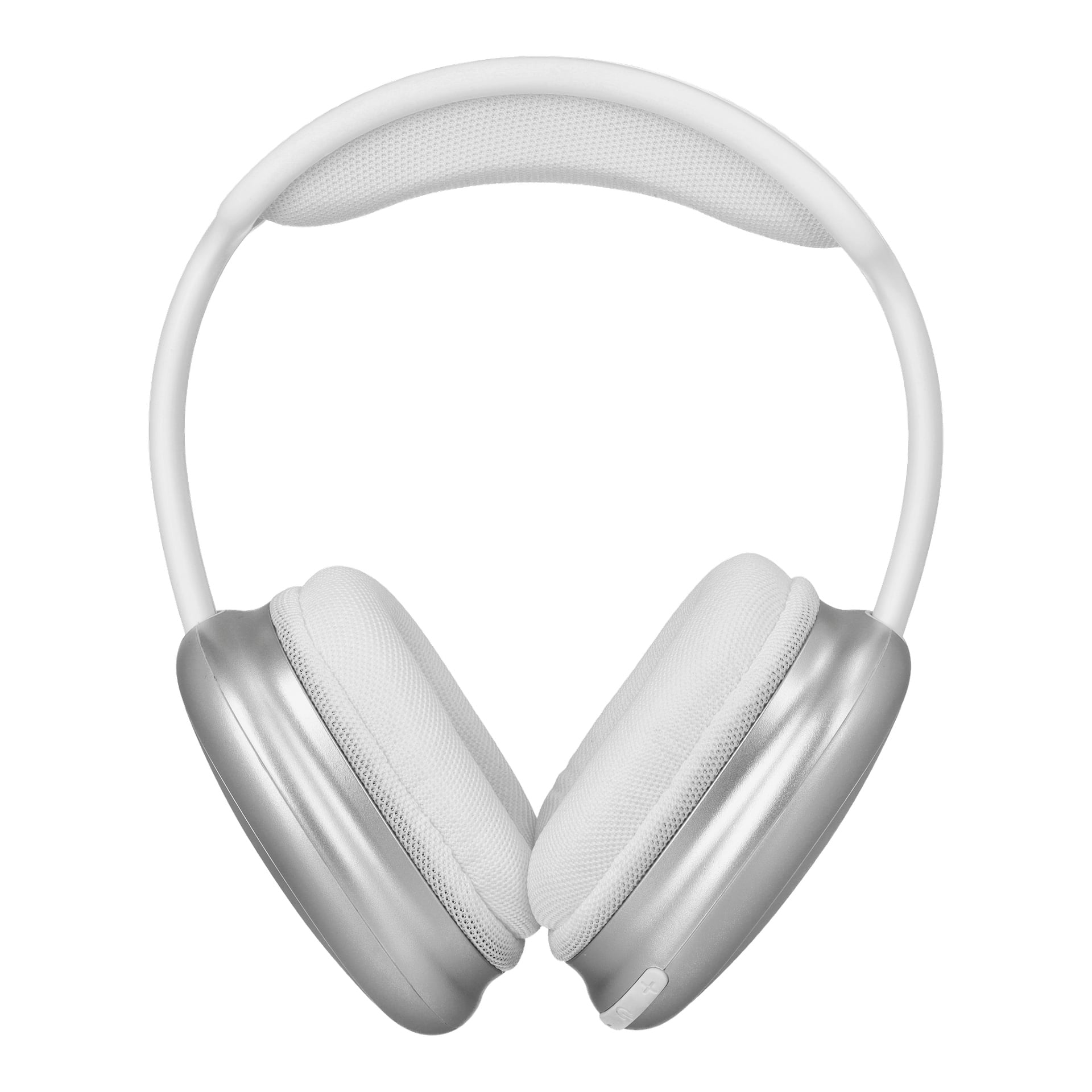 Bright Wireless Over-Ear hörlurar visas i silver och vitt framifrån, vilket framhäver deras vadderade öronskydd och vadderade pannband.