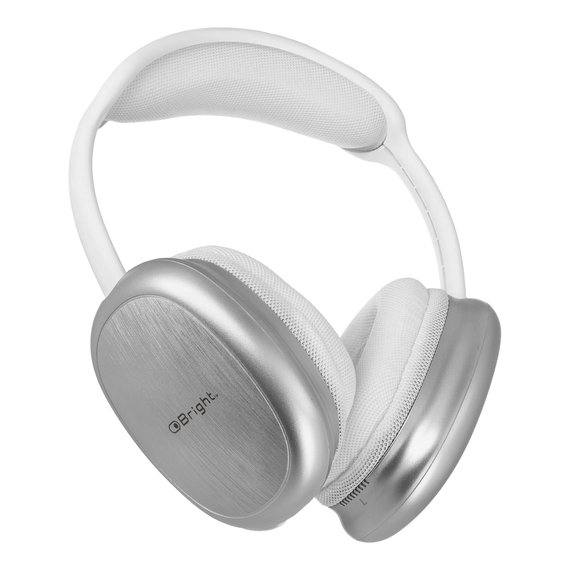 Slanka silver- och vita trådlösa over-ear-hörlurar med mesh-huvudband, vadderade öronkuddar och borstade metall-ytterkåpor som visar Bright-varumärket på ena sidan.