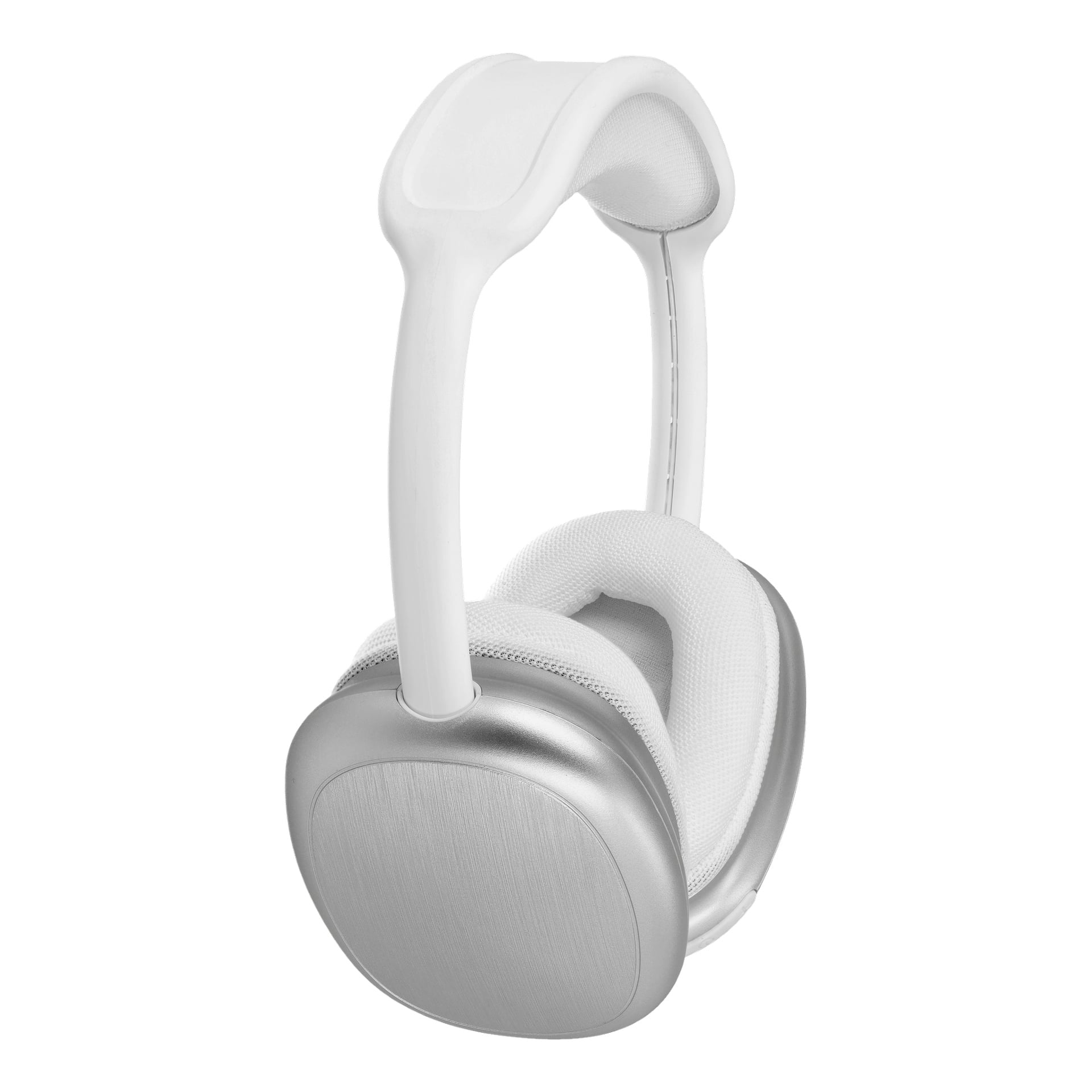 Ett par Bright Wireless over-ear hörlurar med vitt pannband och silverfärgade öronkåpor. Hörlurarna har mjuka, vadderade öronkuddar för extra komfort.