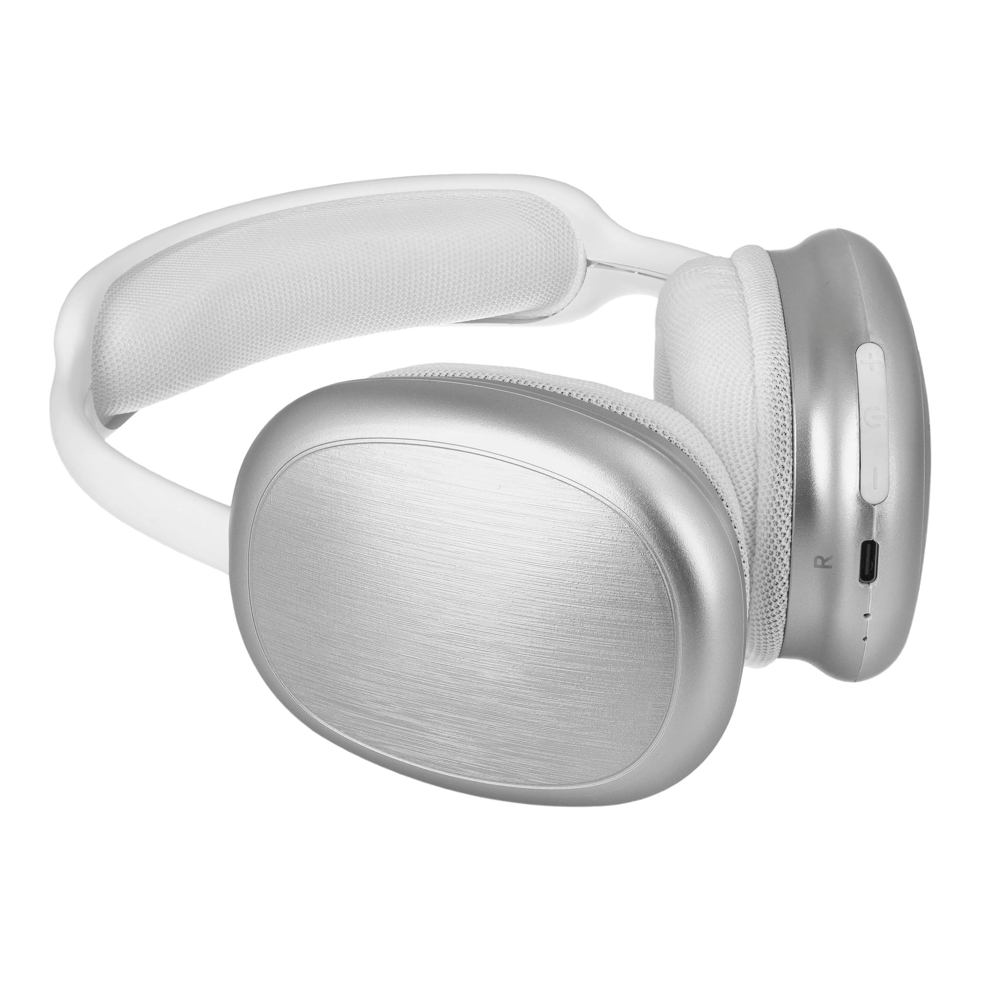 Silver Bright Wireless Over-Ear hörlurar med ett dämpat vitt huvudband, borstade metall-öronkåpor och lättillgängliga kontrollknappar samt en laddningsport på höger sida.