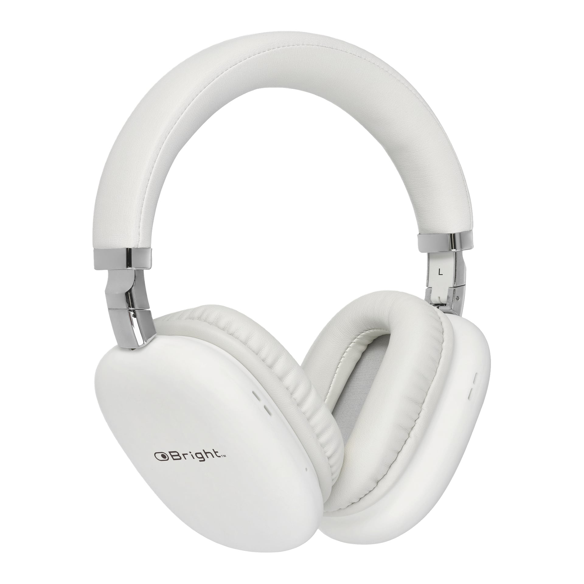 Trådlösa over-ear-hörlurar från Bright i vitt, markerade med silverdetaljer, dämpade öronkåpor, justerbart hårband och "Bright"-logotypen på ena sidan.