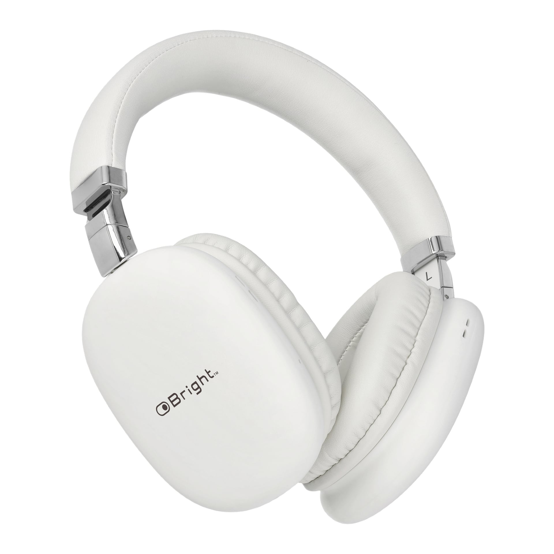 Bright trådlösa over-ear hörlurar har mjuka örondynor och ett mjukt, vadderat pannband för extra komfort. Varumärket syns på vänster öronkåpa, och metalliska detaljer framhäver pannbandets gångjärn, vilket ger hörlurarna ett stilfullt, modernt utseende.