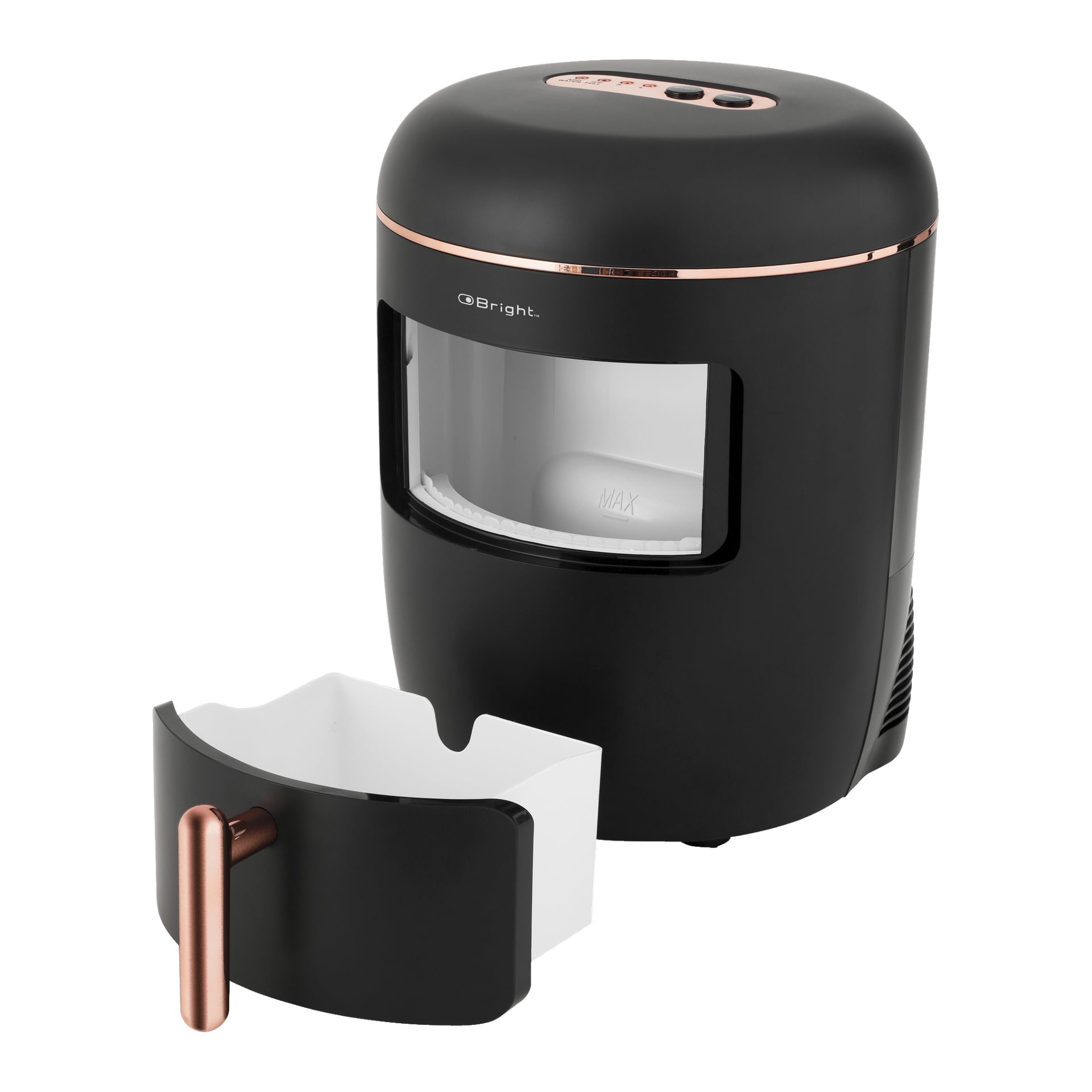 En elegant svart och kopparfärgad Bright-ismaskin med ett transparent fönster framtill. Den vita korgen inuti, utrustad med ett kopparhandtag, är delvis förlängd för att visa insidan, där en MAX-fyllnadslinje syns.