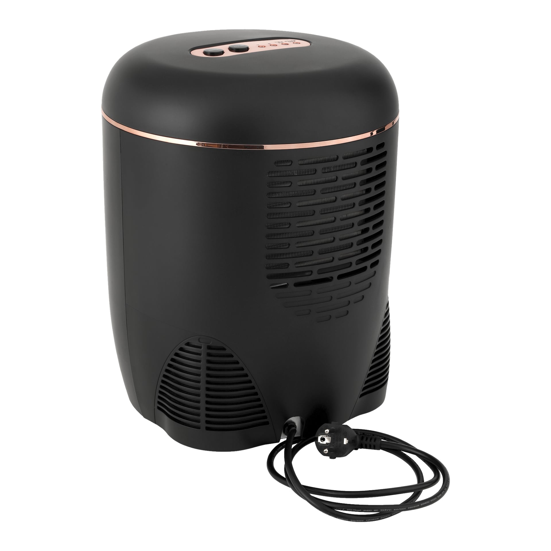 En svart och kopparfärgad Bright-ismaskin med en digital kontrollpanel på ventilationsluckor ovan, på sidorna och baksidan, samt en ansluten strömkabel med kontakt.