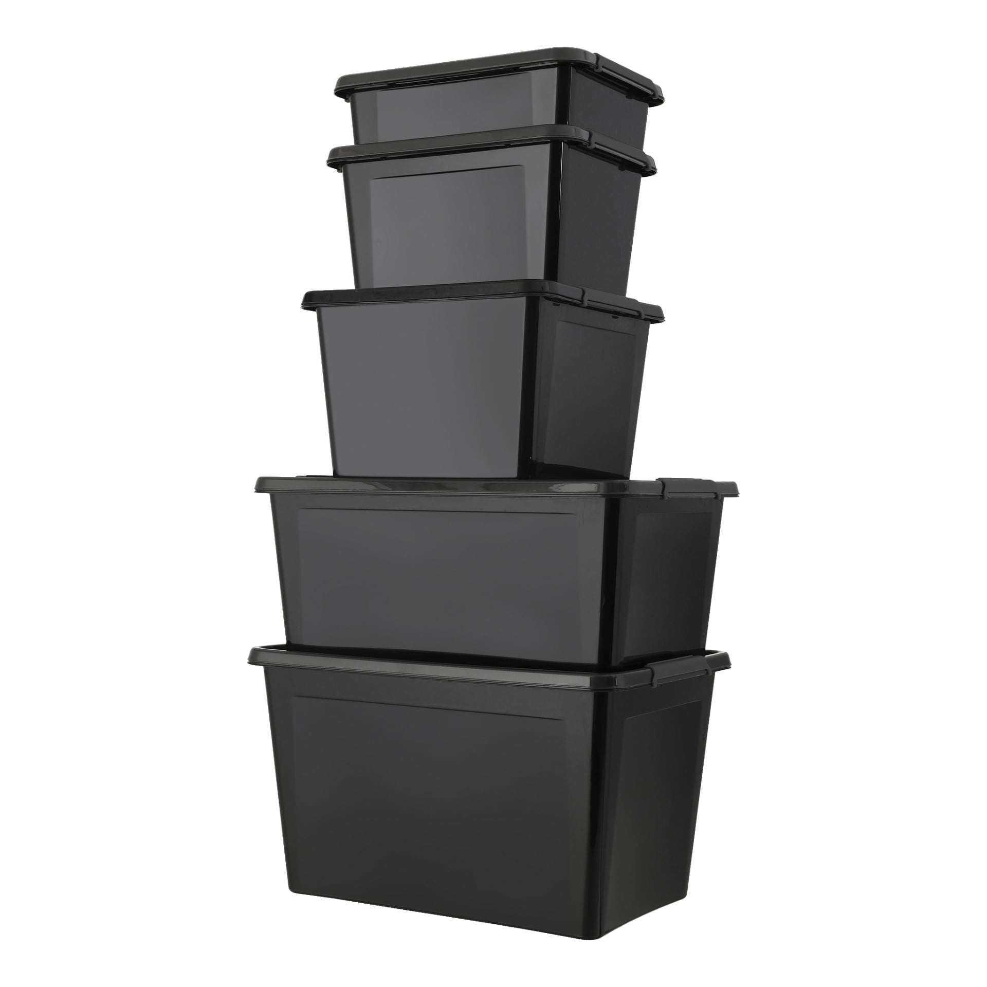 Ett set med fem svarta plastlådor för Hard Head Storage, var och en i olika storlek, är prydligt staplade inuti varandra. Lådorna har enkla matchande lock och inga märkbara markeringar eller etiketter.