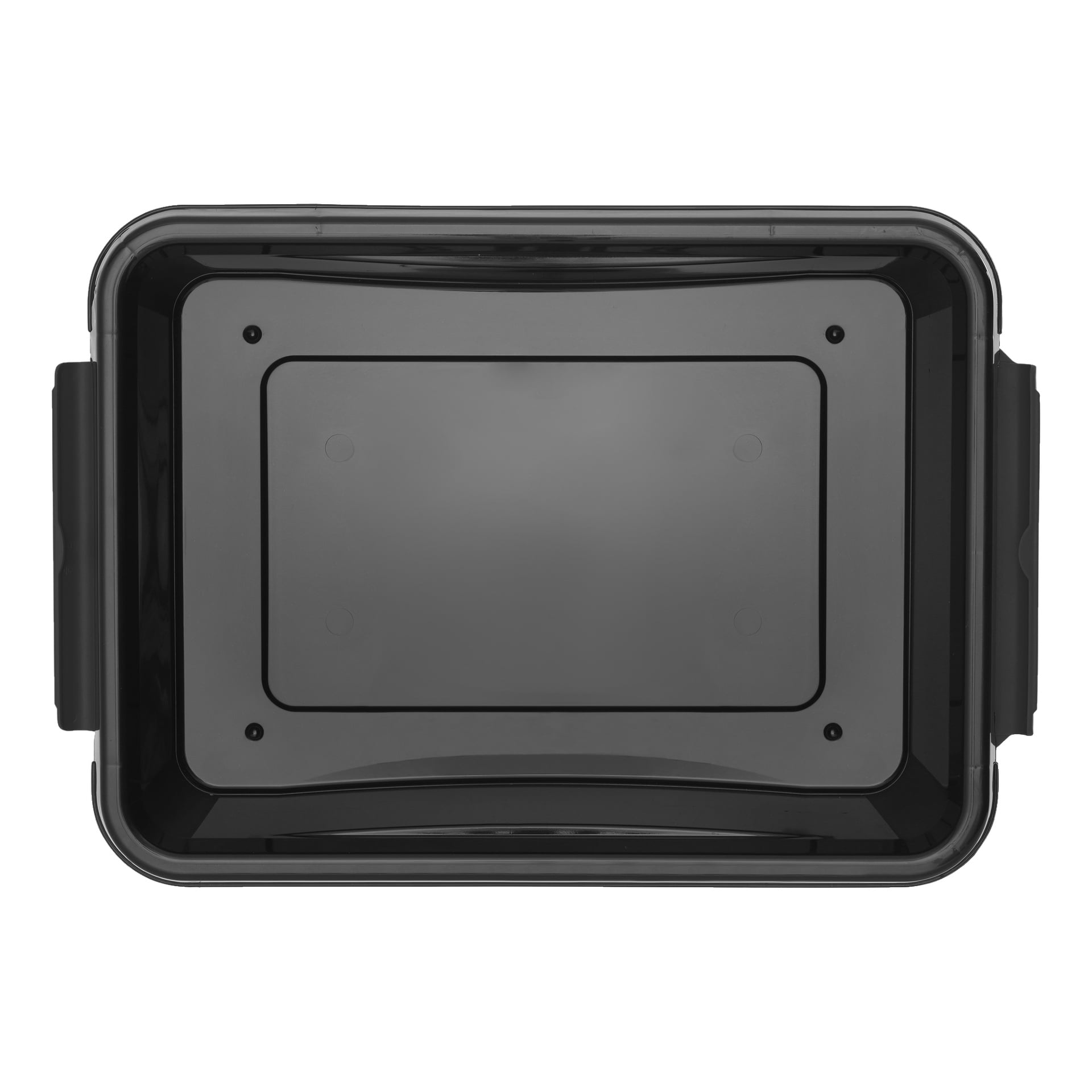 En svart plastlåda för Hard Head Storage med lock ses ovanifrån och visar dess tomma, slätbottnade interiör. Designen inkluderar något upphöjda kanter, rundade hörn och sidohandtag för enkel transport.