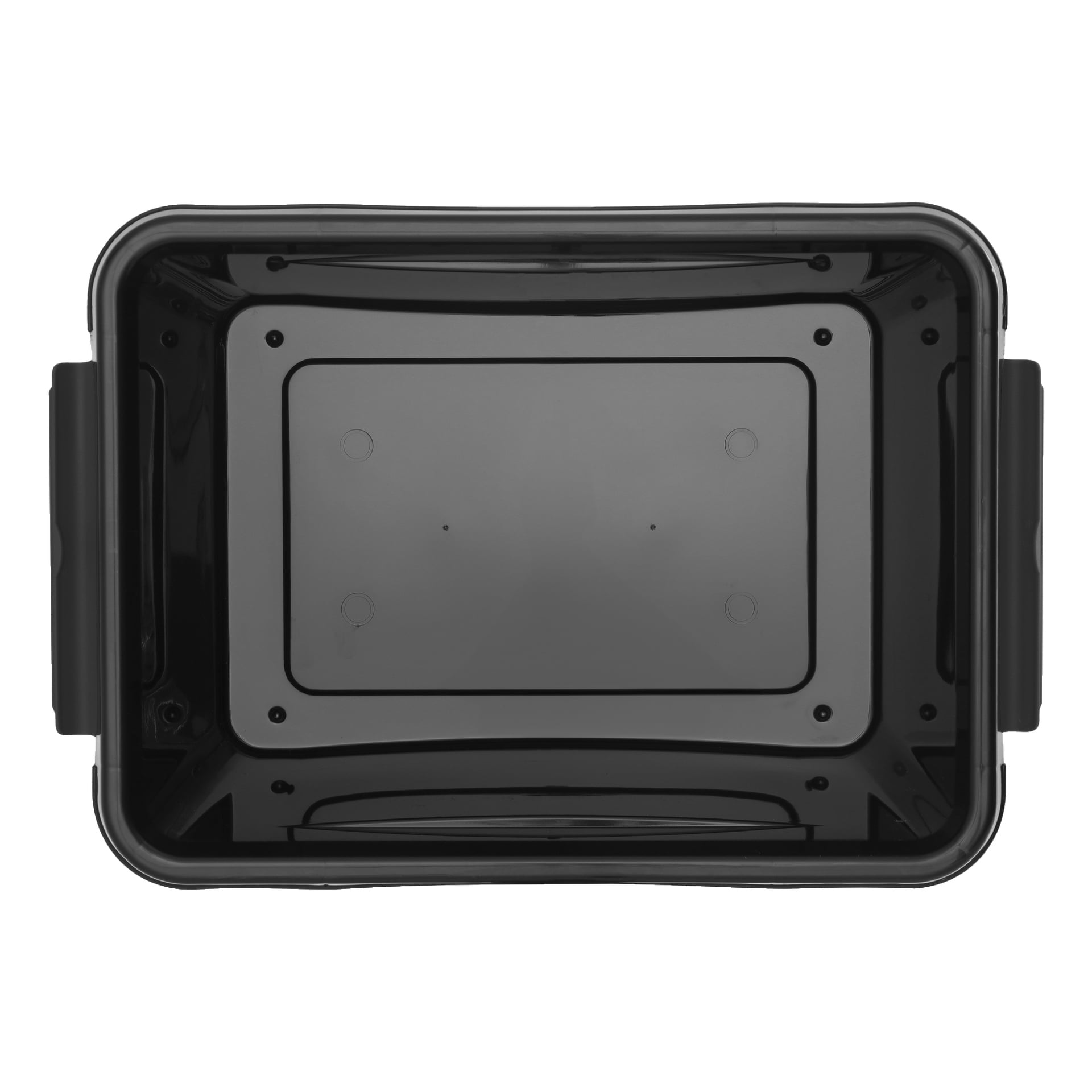 En top-down-vy av en tom svart plastlåda för Hard Head Storage med lock, som visar släta sidor, lätt rundade hörn, en skinande ren insida och handtag i båda ändar.