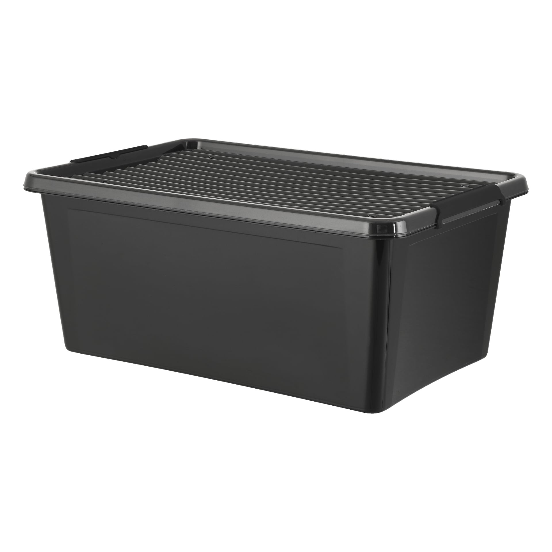 En svart plastlåda för Hard Head Storage med spårigt lock, rektangulär till formen med släta sidor.