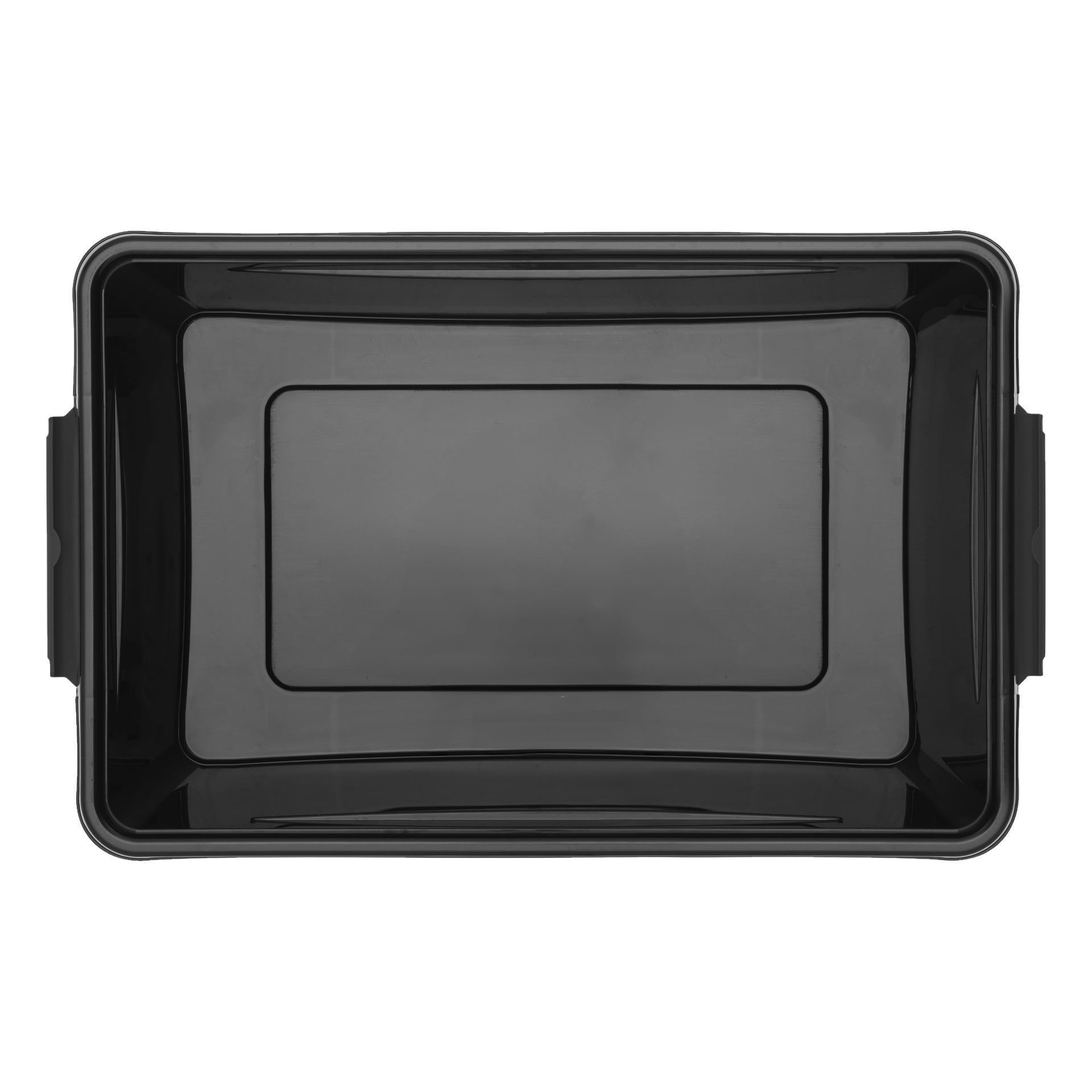 En ovanifrån vy av en rymlig, rektangulär Hard Head Storage-låda med lock på. Den svarta plastbehållaren har mjukt vinklade sidor, handtag i varje kort ände och en slank, blank interiör.