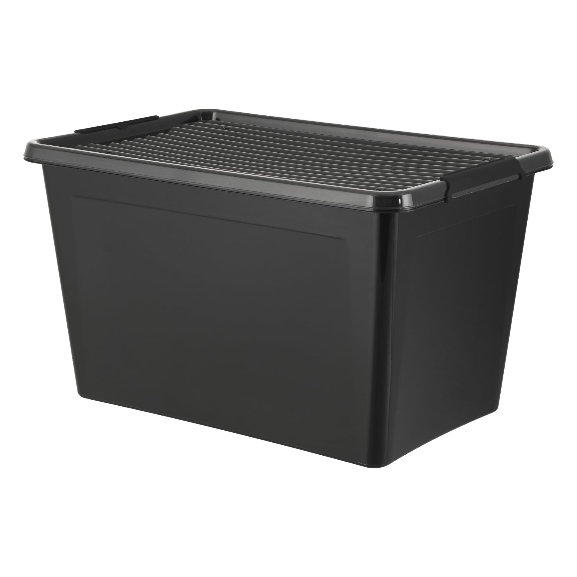 Hard Head Storage-lådan är en stor svart plastbehållare med ett räfflat lock som matchar basen. Den har handtag på båda sidor för enkel lyftning och ser ny och tom ut.