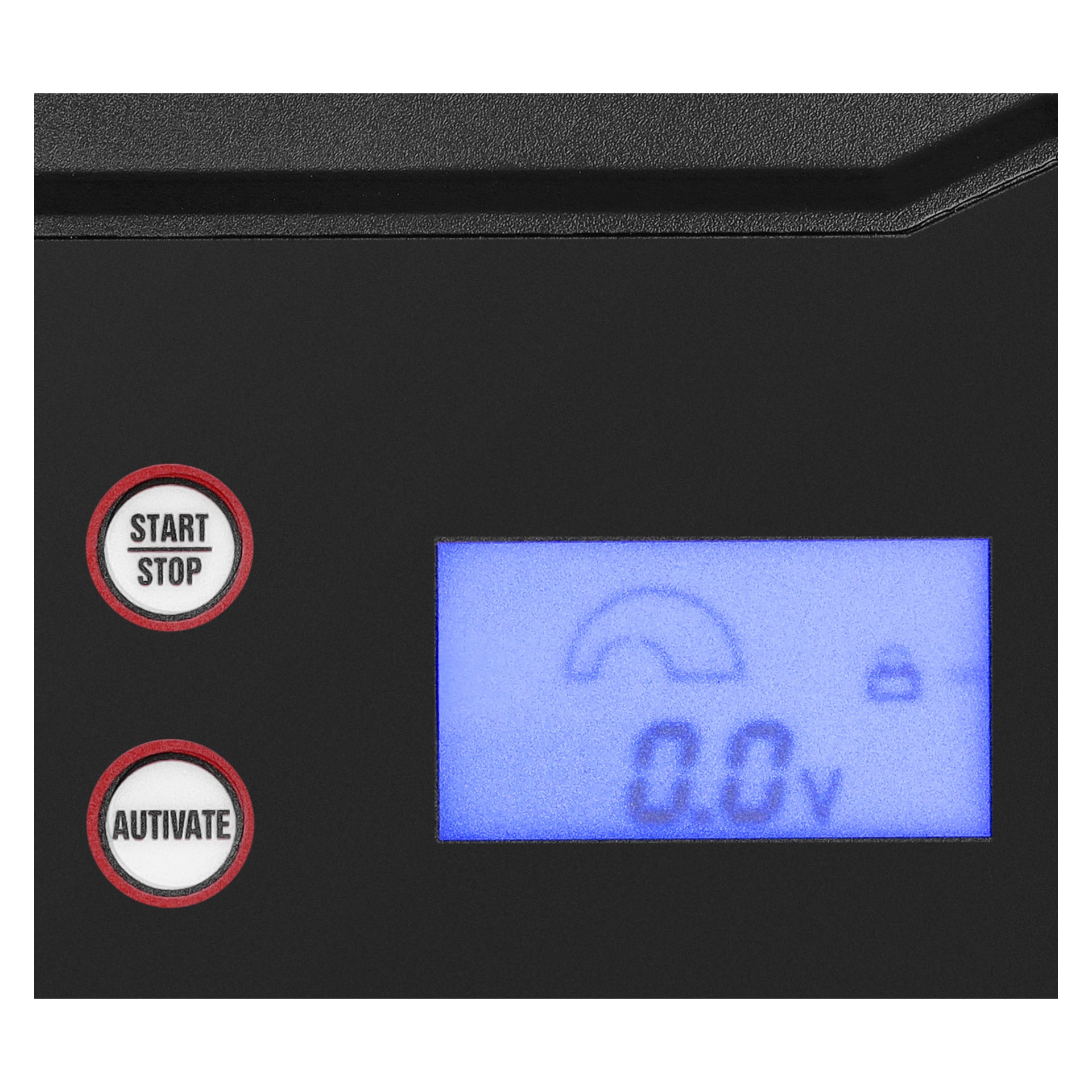 Närbild av en Hamron-batteriladdare för litiumbatterier, som visar skärmen med en avläsning på 0,0 V och en mätarikon. Två knappar märkta START STOP och AUTIVATE är placerade på vänster sida av displayen. Enheten har ett svart fodral.