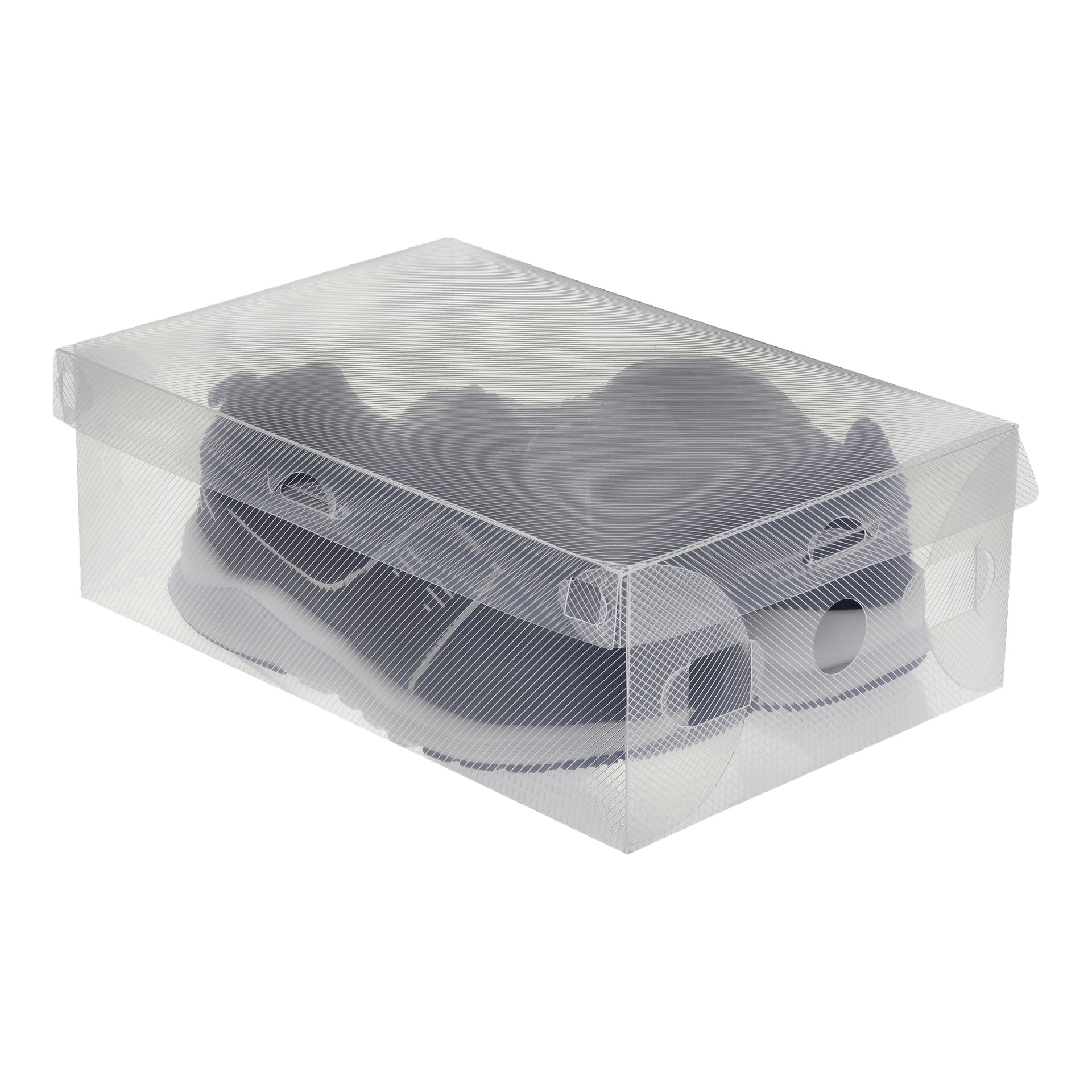Ett par mörka sportskor i en genomskinlig, texturerad Storage box 3-pack från Hard Head, med en del av locket synligt. Lådan skyddar och visar skorna.