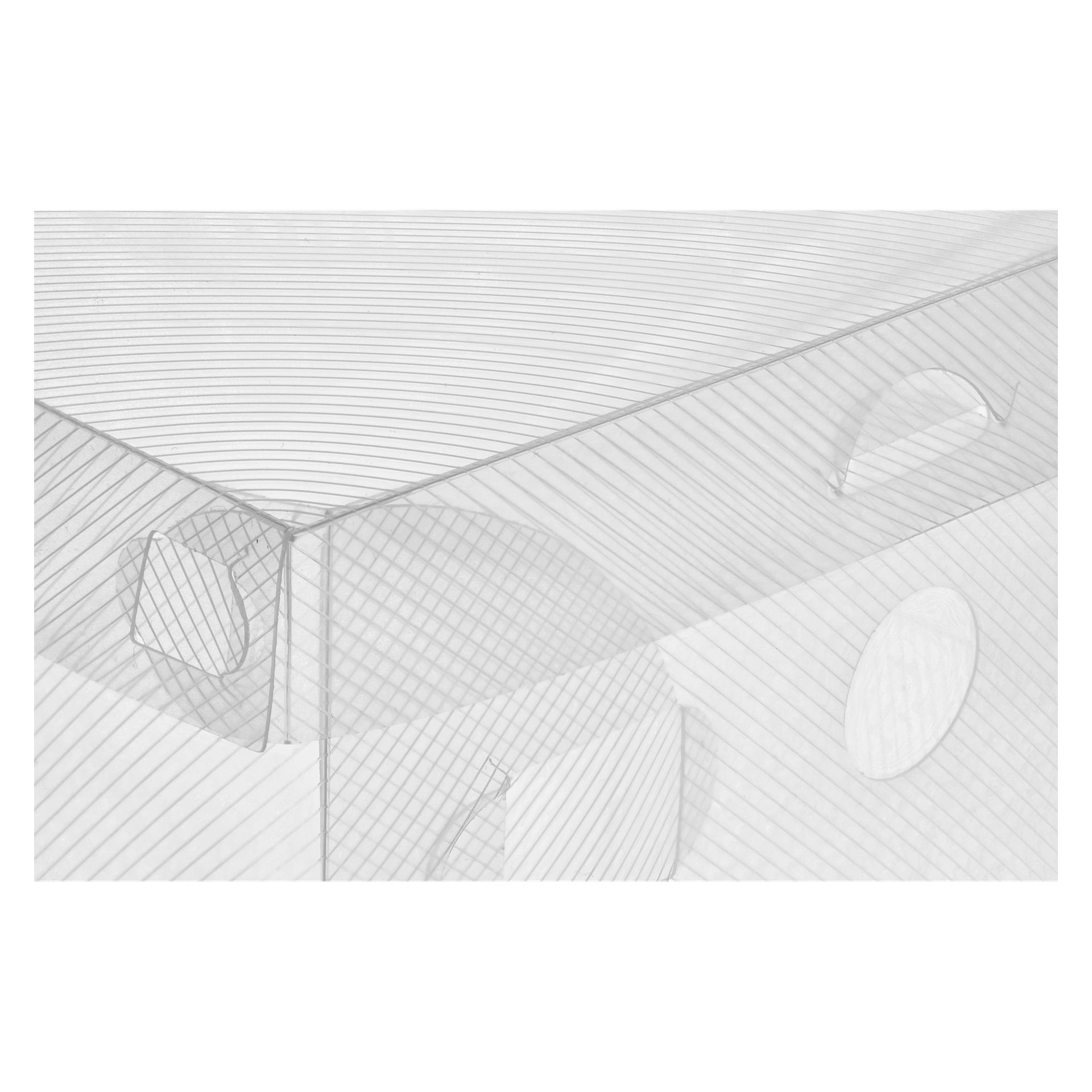Närbild på en genomskinlig vit Hard Head Storage-låda i 3-pack med böjda och diagonala mönster. Lådan har ovala, cirkulära och rektangulära utskärningar som kastar korsande skuggor.