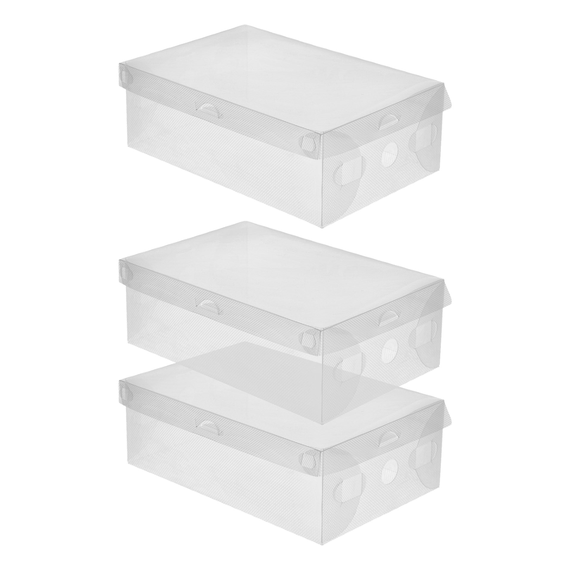 Tre Hard Head Storage-boxar i 3-pack är staplade med locken stängda. Varje genomskinlig, tom låda har en rund öppning på framsidan och två handtag på sidorna.